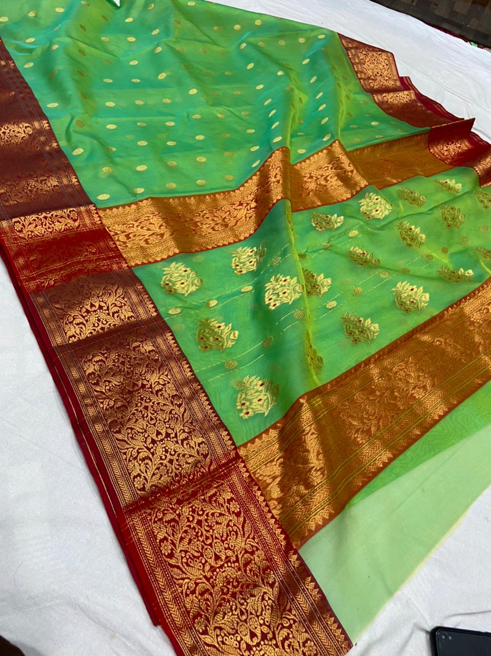 Handwoven Apple Color Organza Chanderi Katan Silk Saree - Authentic Chanderi silk sarees Chanderi Saree - View 1