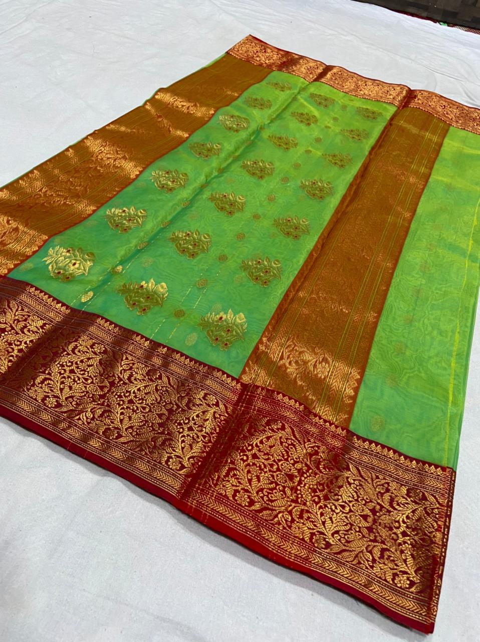 Handwoven Apple Color Organza Chanderi Katan Silk Saree - Authentic Chanderi silk sarees Chanderi Saree - View 2