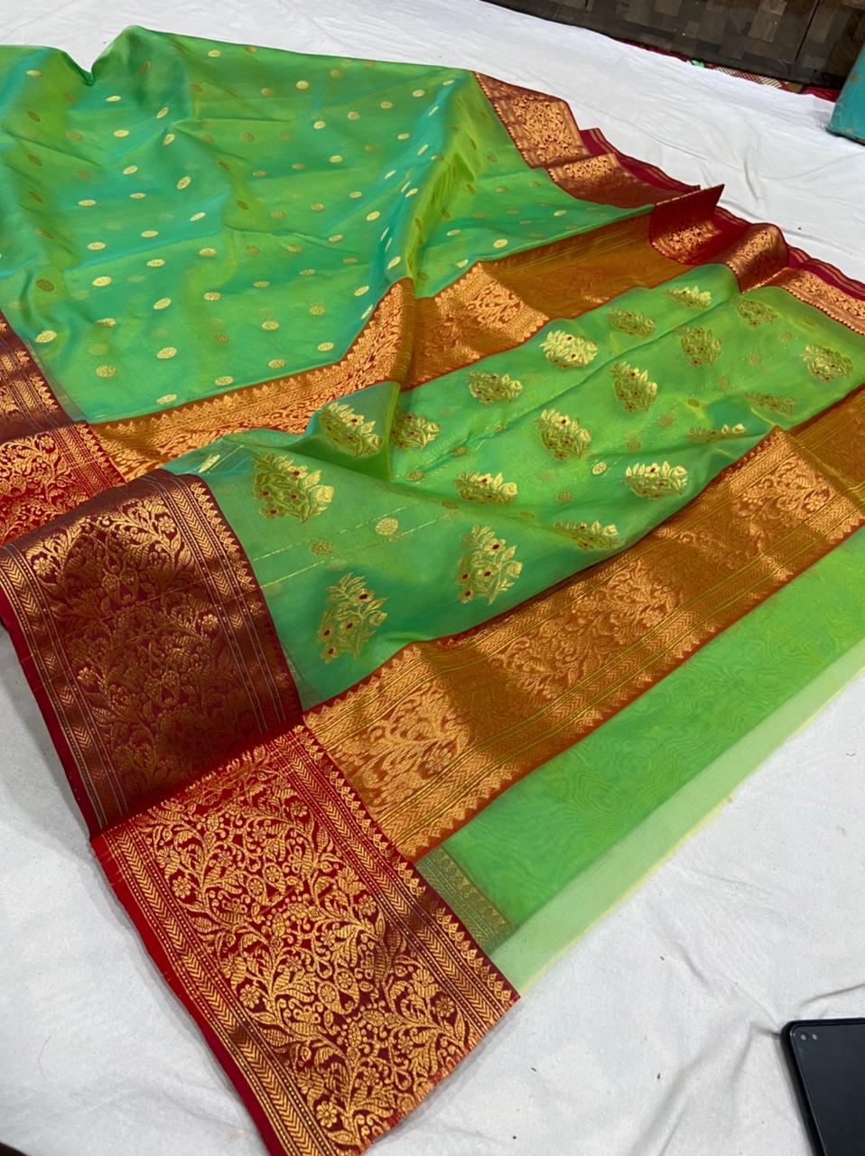 Handwoven Apple Color Organza Chanderi Katan Silk Saree - Authentic Chanderi silk sarees Chanderi Saree - View 3