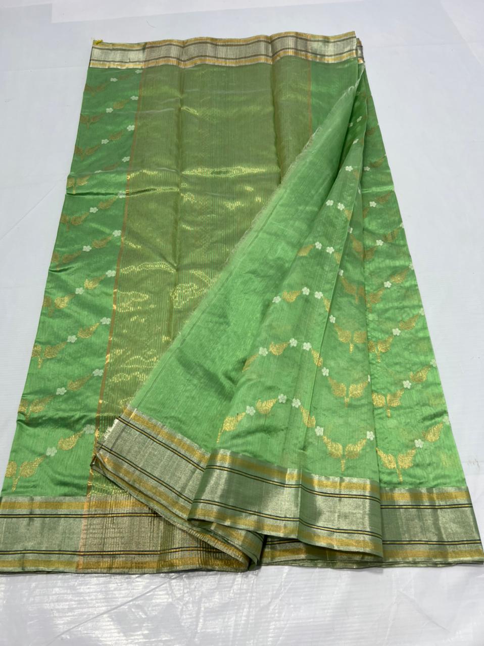 Handwoven Asparagus Color Chanderi Pattu Silk Saree - Authentic Chanderi silk sarees Chanderi Saree