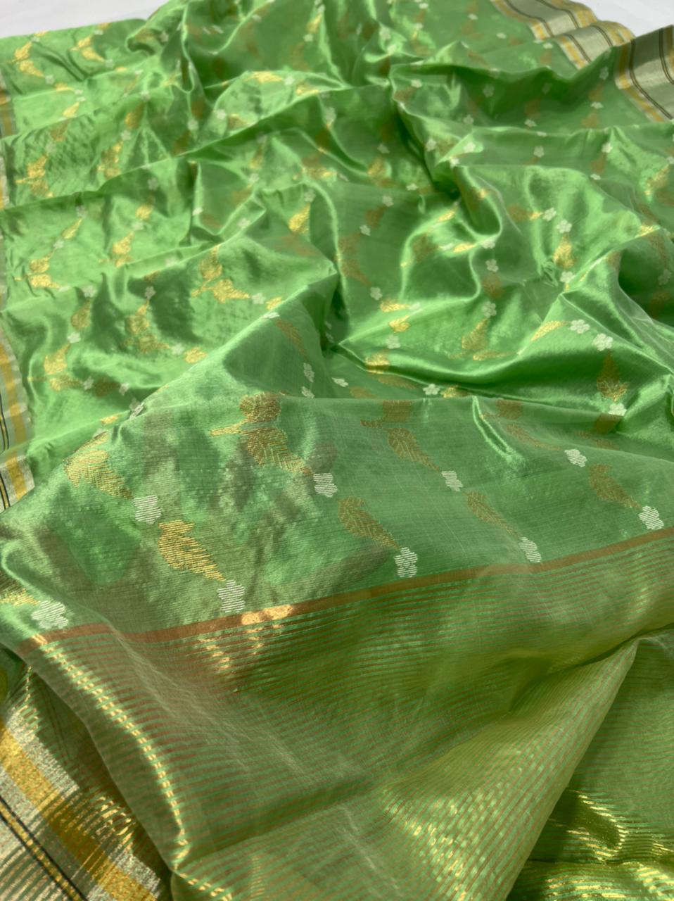 Handwoven Asparagus Color Chanderi Pattu Silk Saree - Authentic Chanderi silk sarees Chanderi Saree - View 2