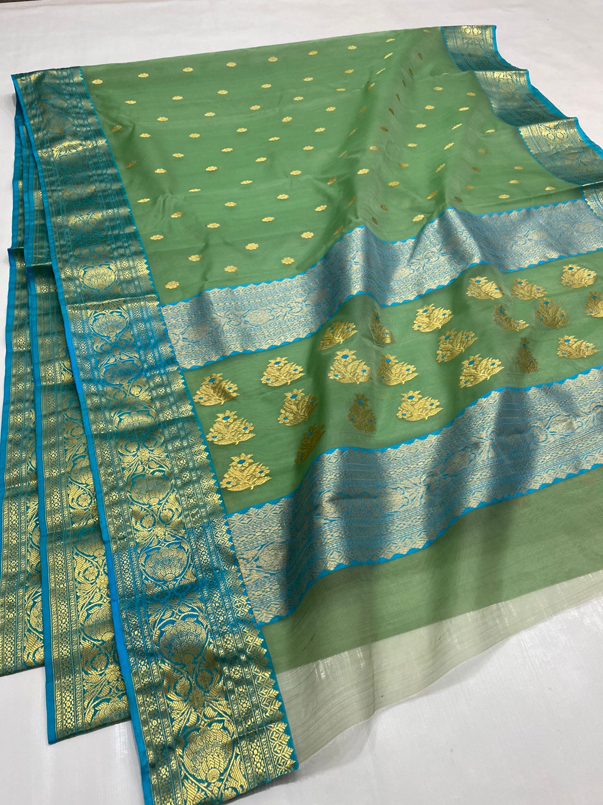 Handwoven Asparagus Color Organza Chanderi Katan Silk Saree - Authentic Chanderi silk sarees Chanderi Saree
