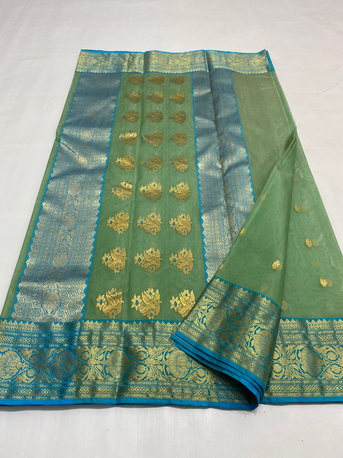 Handwoven Asparagus Color Organza Chanderi Katan Silk Saree - Authentic Chanderi silk sarees Chanderi Saree - View 3
