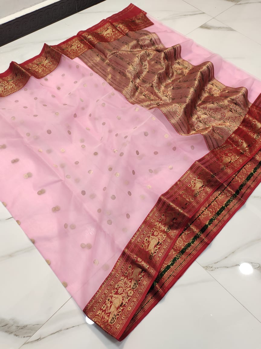 Handwoven Pink Baby pink with red paithani border Organza Chanderi Katan Silk Saree - Authentic Chanderi silk sarees Chanderi Saree - View 2