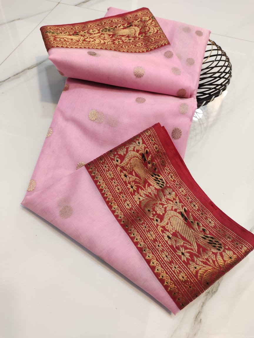 Handwoven Pink Baby pink with red paithani border Organza Chanderi Katan Silk Saree - Authentic Chanderi silk sarees Chanderi Saree - View 3