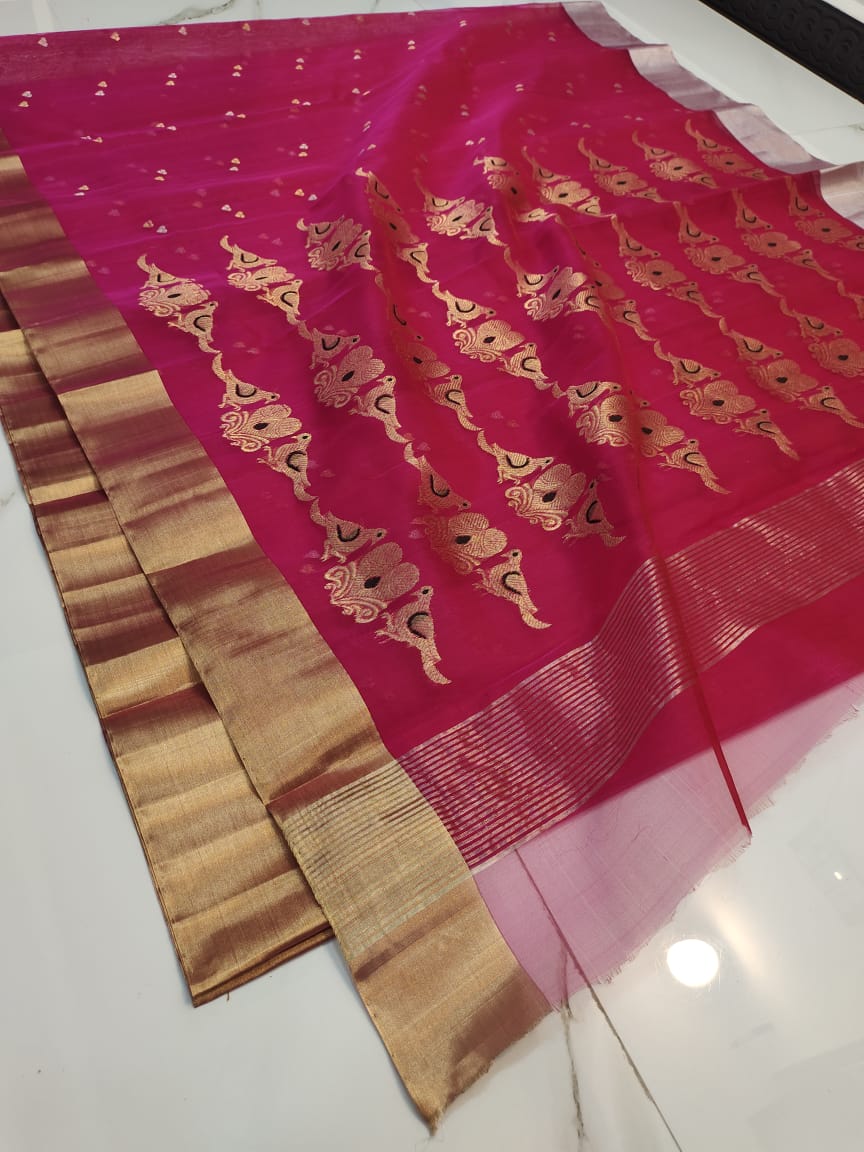Handwoven Big Dip O Ruby Color Organza Chanderi Katan Silk Saree - Authentic Chanderi silk sarees Chanderi Saree