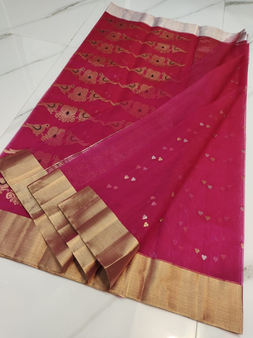 Handwoven Big Dip O Ruby Color Organza Chanderi Katan Silk Saree - Authentic Chanderi silk sarees Chanderi Saree - View 2