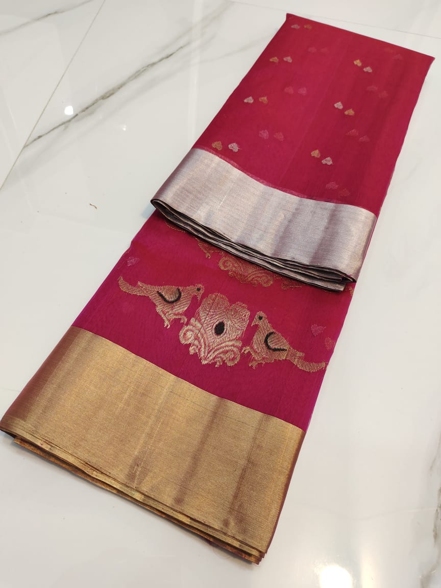 Handwoven Big Dip O Ruby Color Organza Chanderi Katan Silk Saree - Authentic Chanderi silk sarees Chanderi Saree - View 3