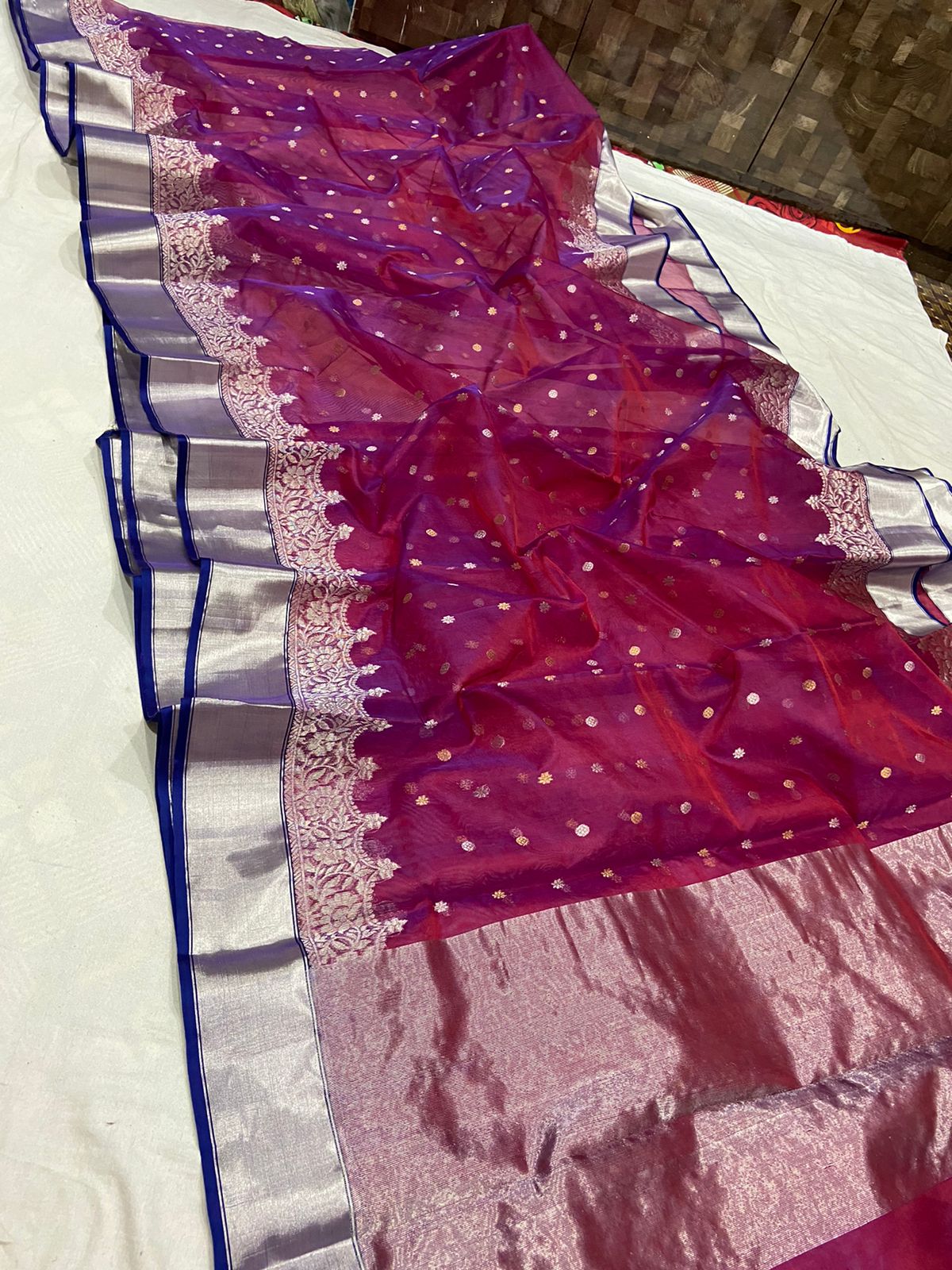 Handwoven Big Dip O Ruby Color Organza Chanderi Katan Silk Saree - Authentic Chanderi silk sarees Chanderi Saree - View 1