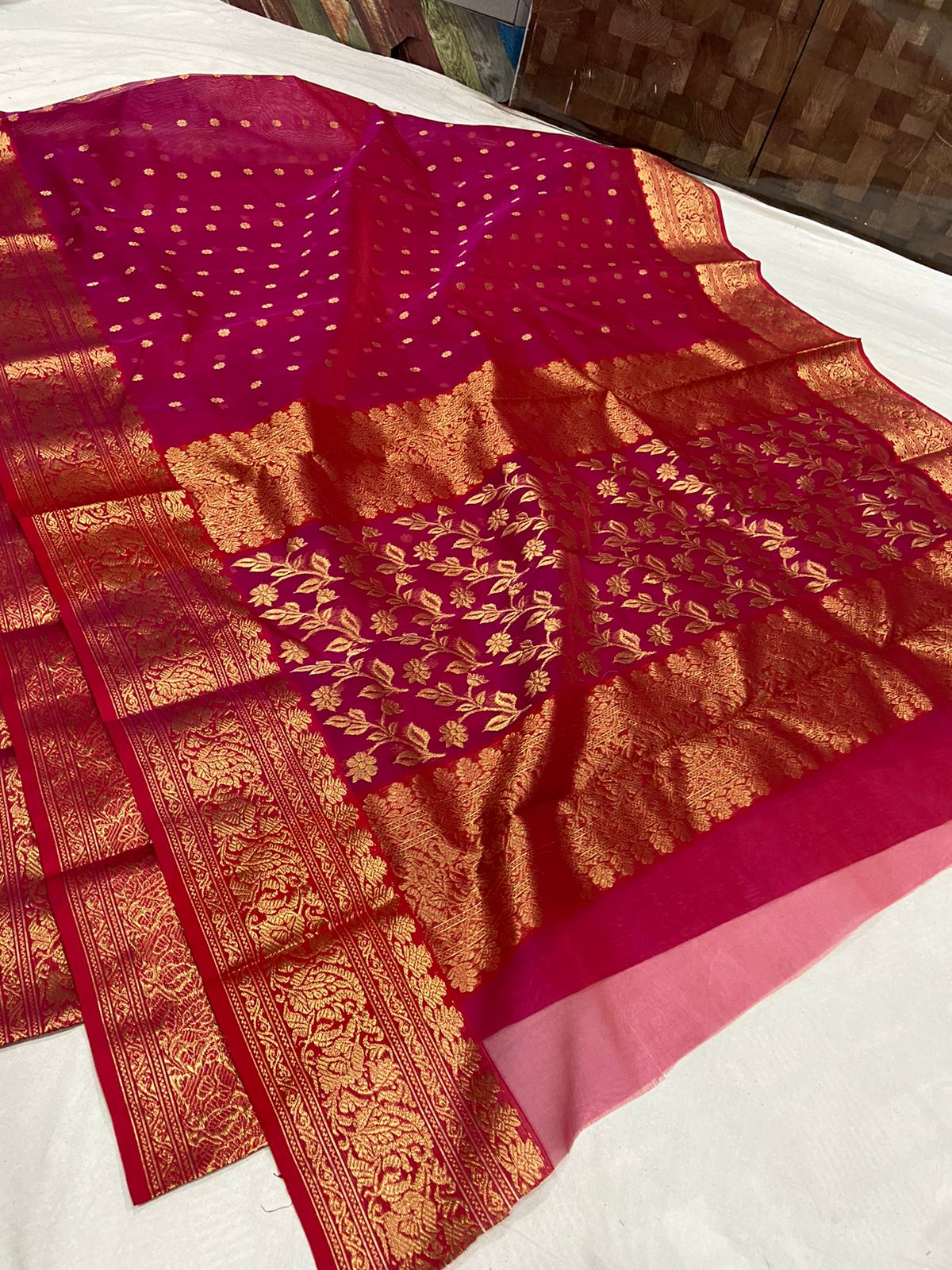 Handwoven Big Dip-o-Ruby Color Organza Chanderi Katan Silk Saree - Authentic Chanderi silk sarees Chanderi Saree