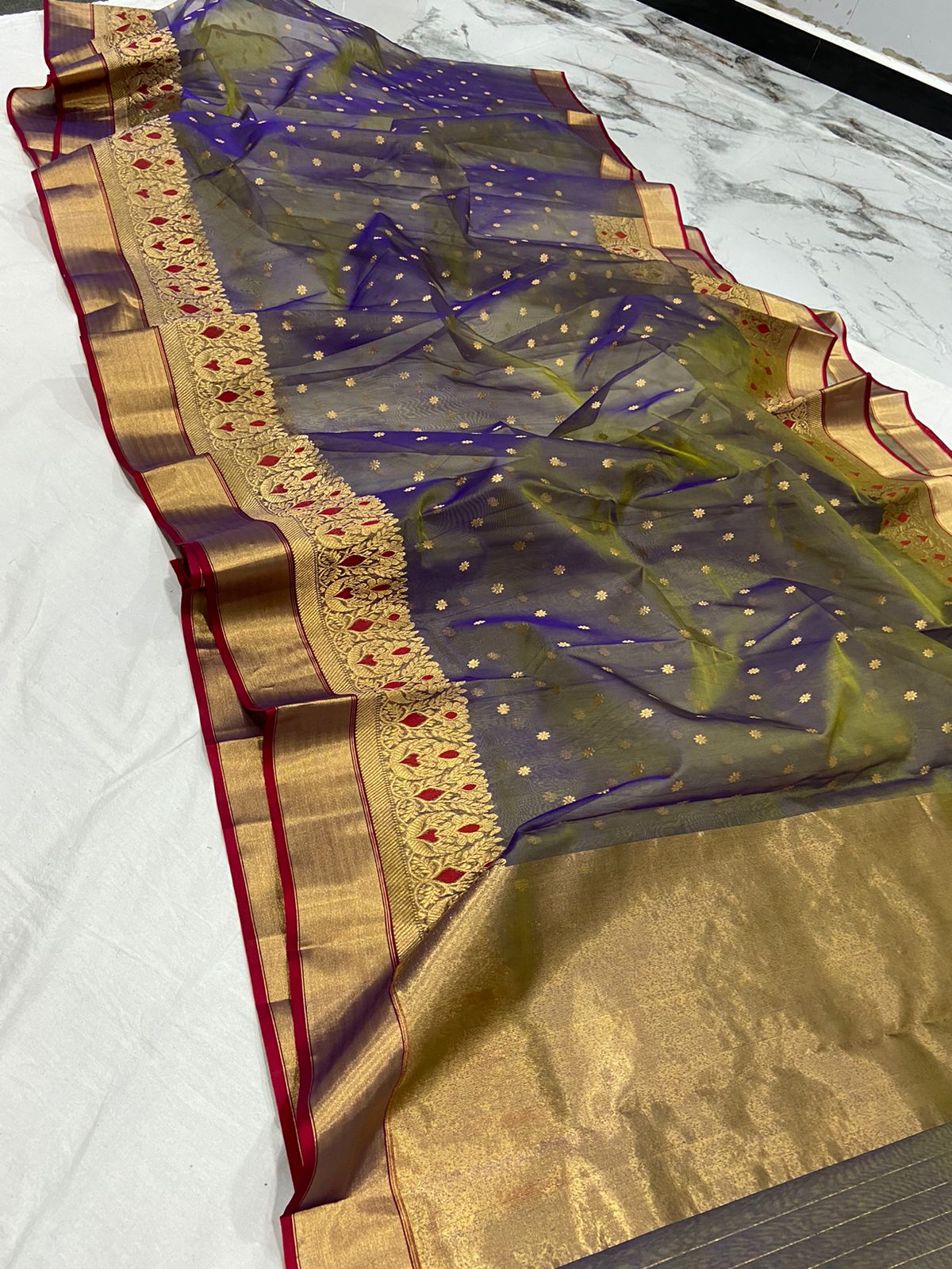 Handwoven Black Blackcurrant Color Organza Chanderi Katan Silk Saree - Authentic Chanderi silk sarees Chanderi Saree