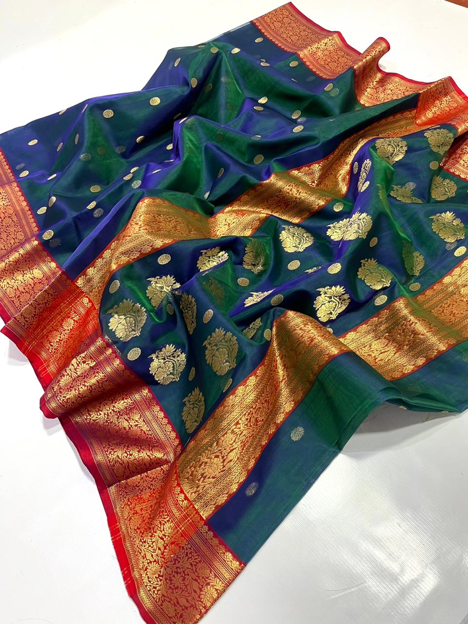 Handwoven Blue Blue Dianne Color Organza Chanderi Katan Silk Saree - Authentic Chanderi silk sarees Chanderi Saree