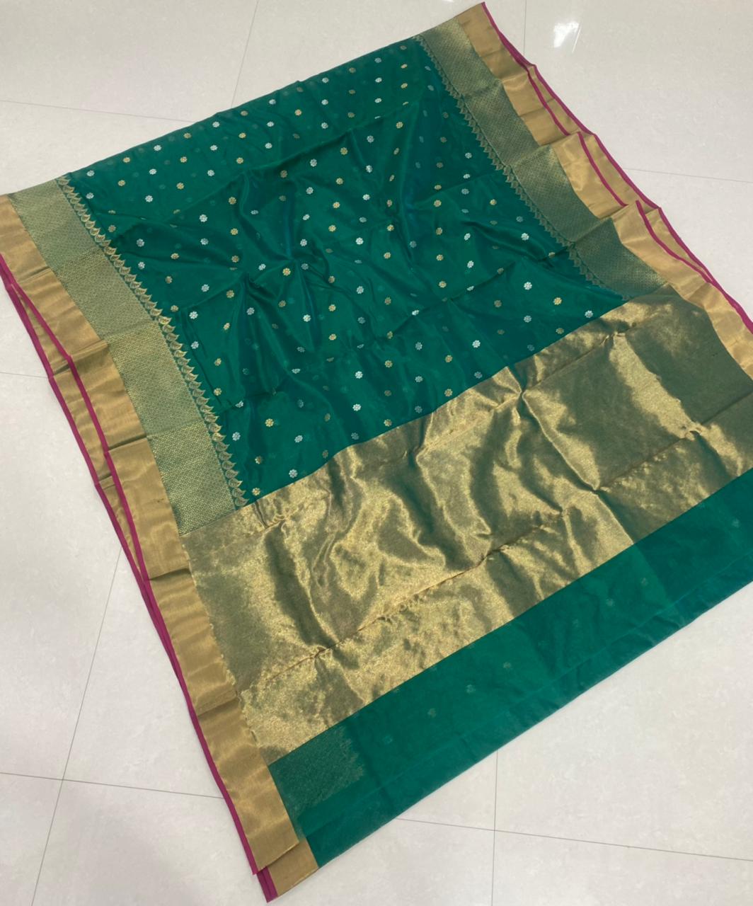 Handwoven Blue Blue Stone Color Chanderi Pattu Silk Saree - Authentic Chanderi silk sarees Chanderi Saree