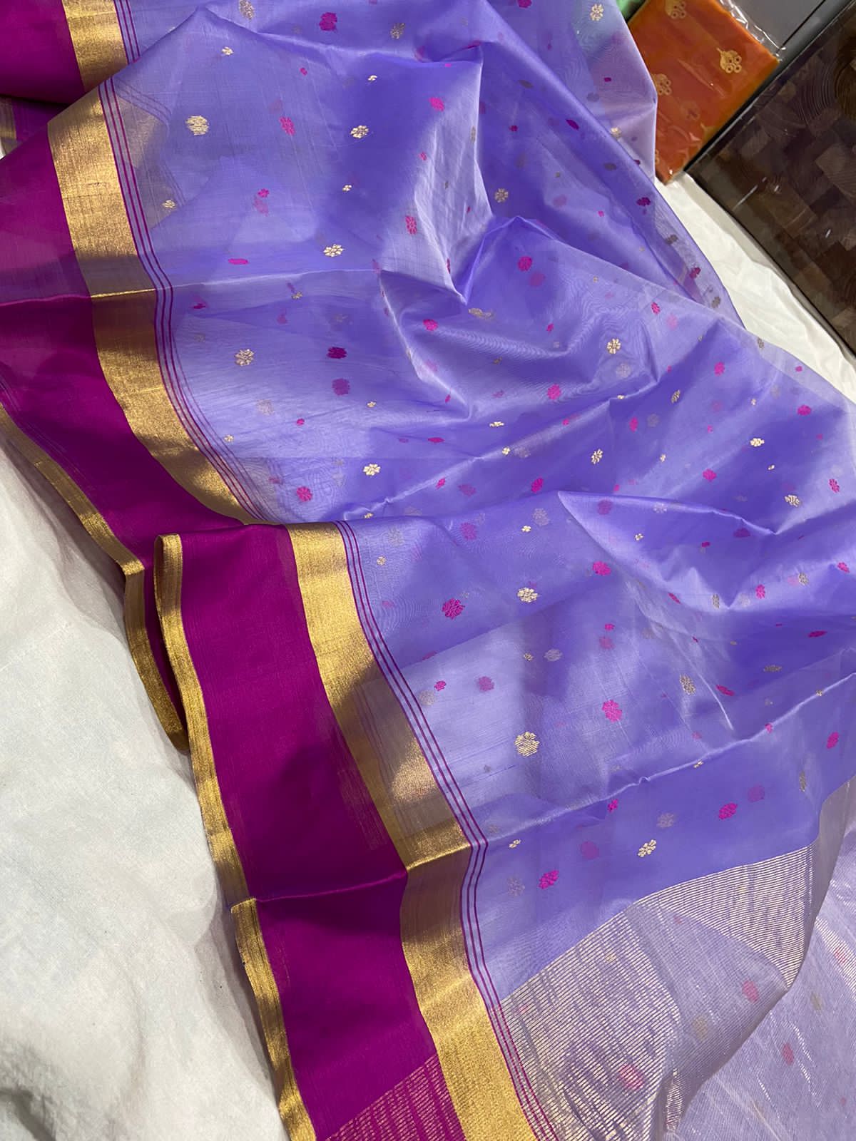 Handwoven Blue Blue Violet Color Organza Chanderi Katan Silk Saree - Authentic Chanderi silk sarees Chanderi Saree
