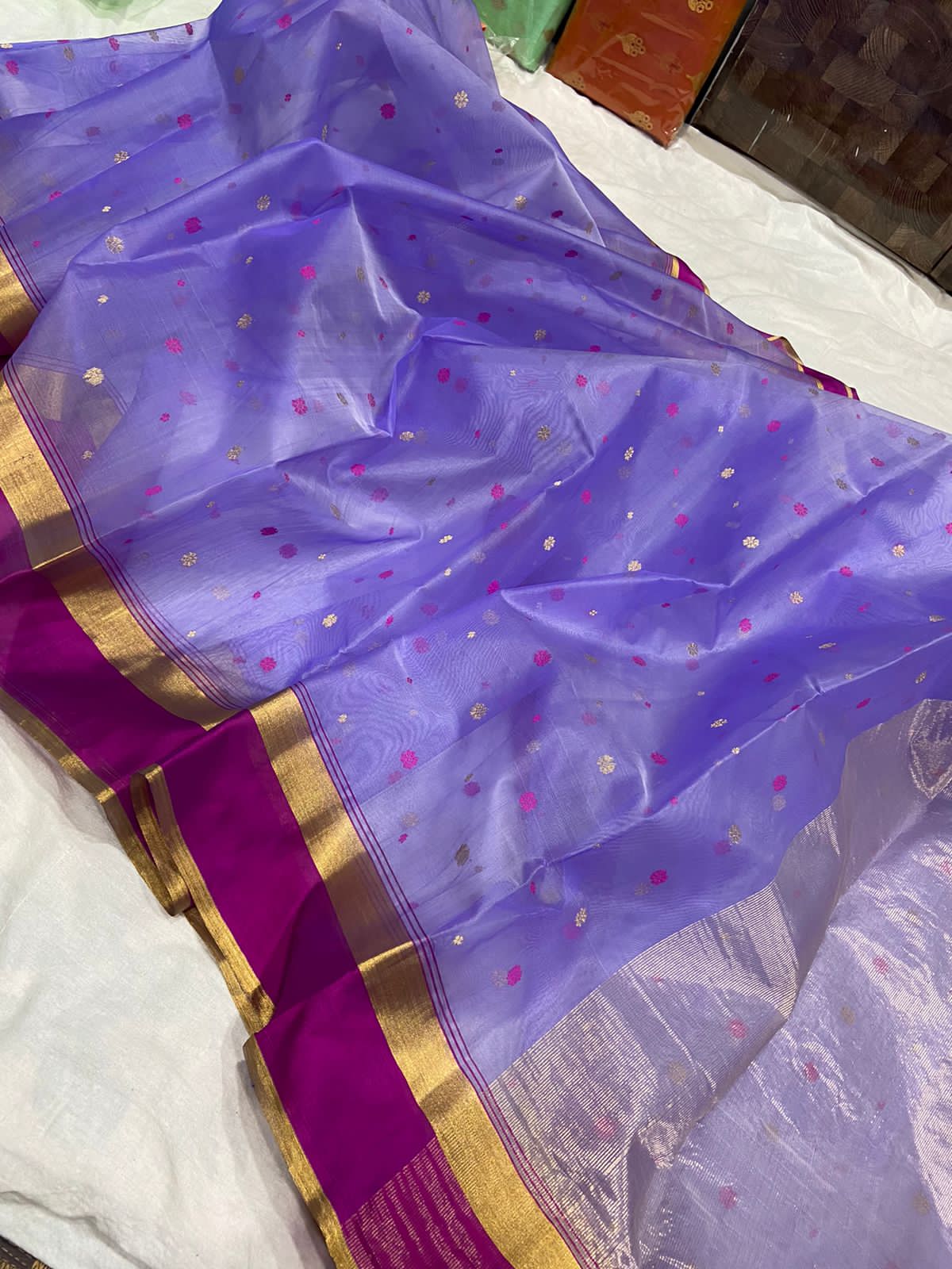 Handwoven Blue Blue Violet Color Organza Chanderi Katan Silk Saree - Authentic Chanderi silk sarees Chanderi Saree - View 3