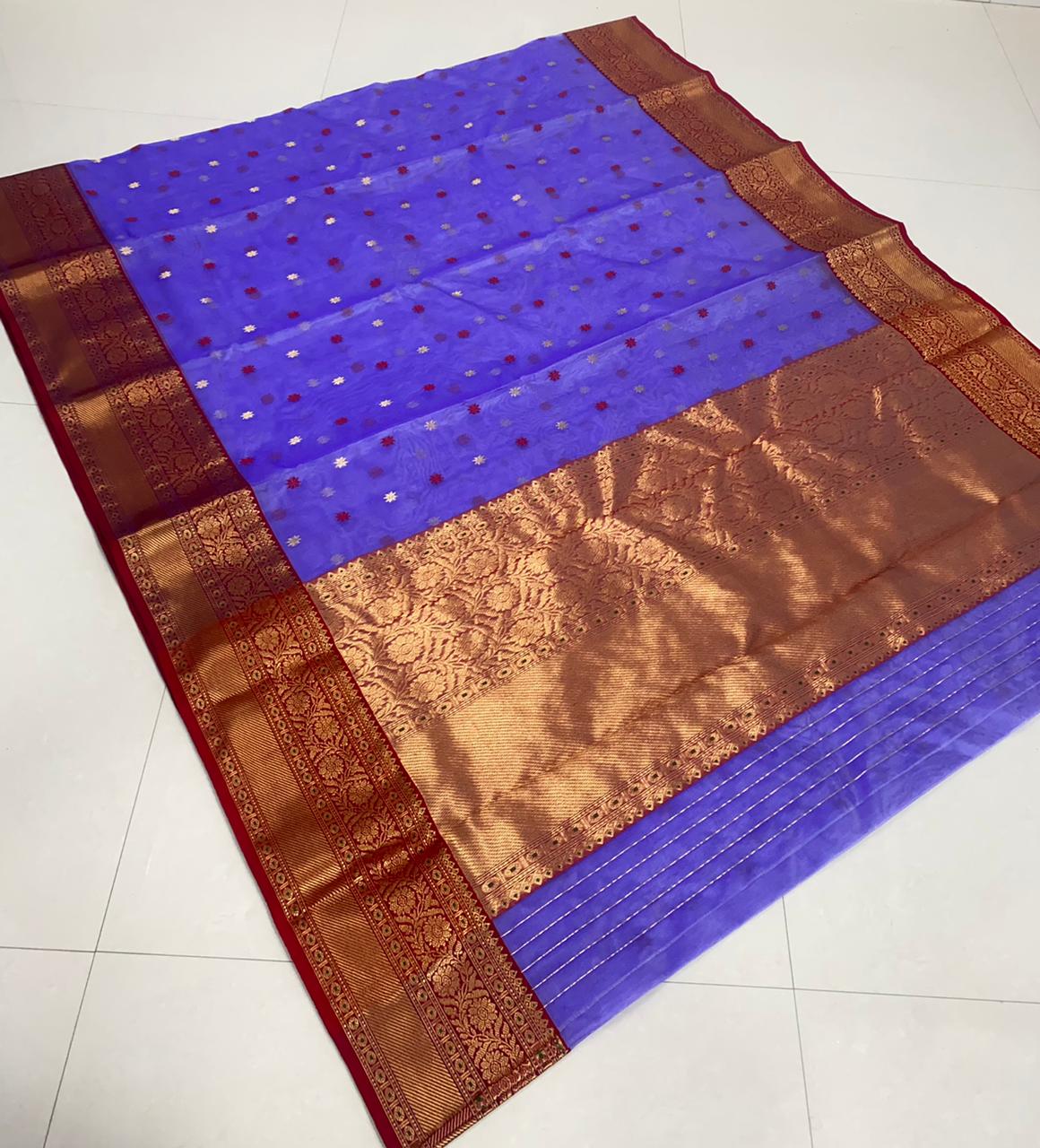 Handwoven Blue Blue Violet Color Organza Chanderi Katan Silk Saree - Authentic Chanderi silk sarees Chanderi Saree
