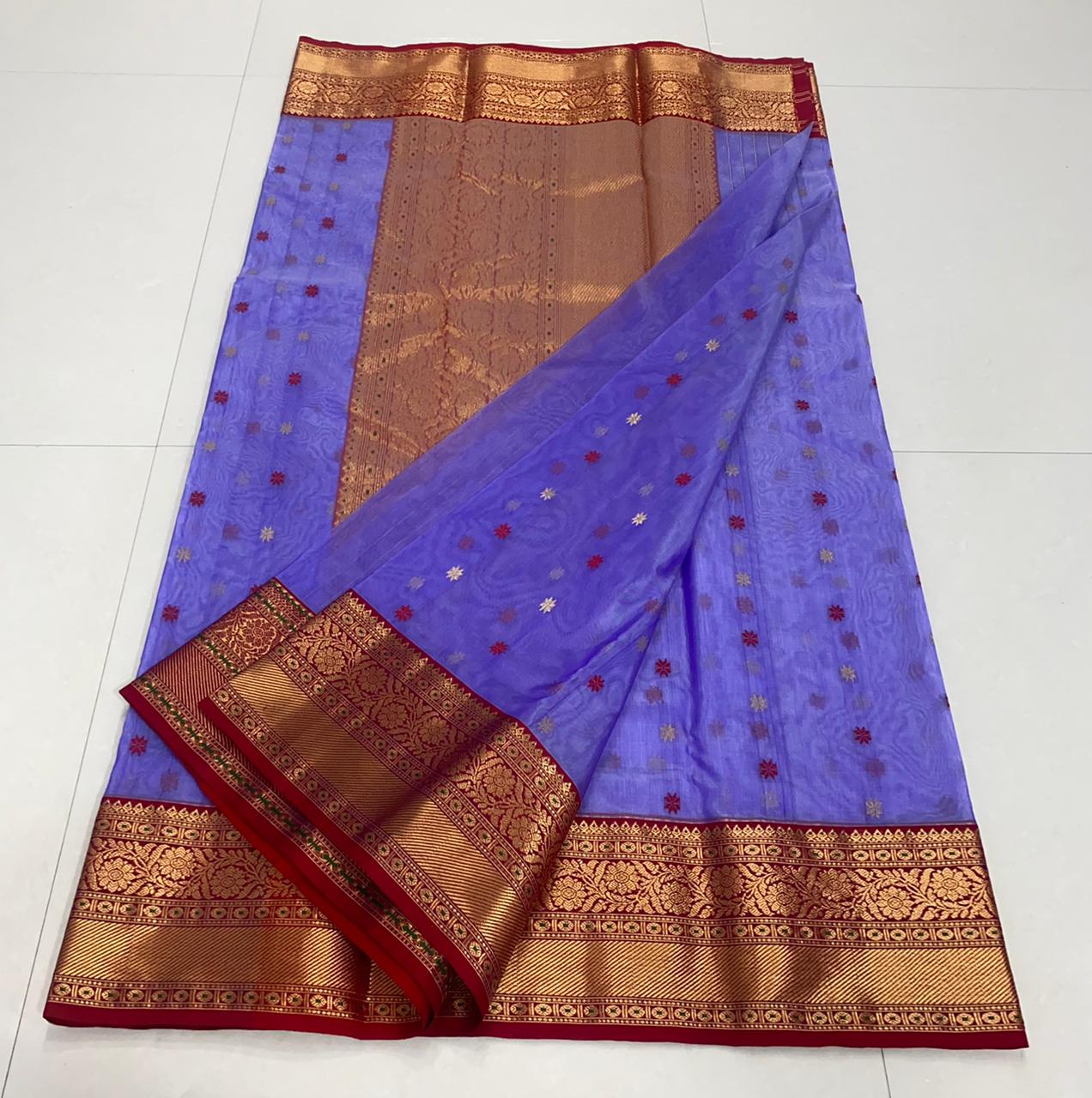 Handwoven Blue Blue Violet Color Organza Chanderi Katan Silk Saree - Authentic Chanderi silk sarees Chanderi Saree - View 2