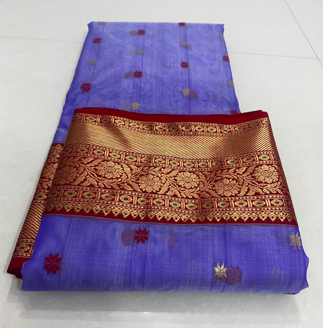 Handwoven Blue Blue Violet Color Organza Chanderi Katan Silk Saree - Authentic Chanderi silk sarees Chanderi Saree - View 3