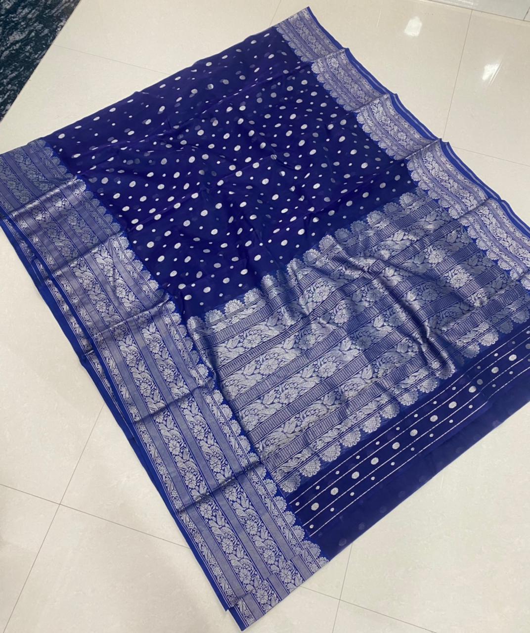 Handwoven Blue Blue Zodiac Color Organza Chanderi Katan Silk Saree - Authentic Chanderi silk sarees Chanderi Saree - View 1