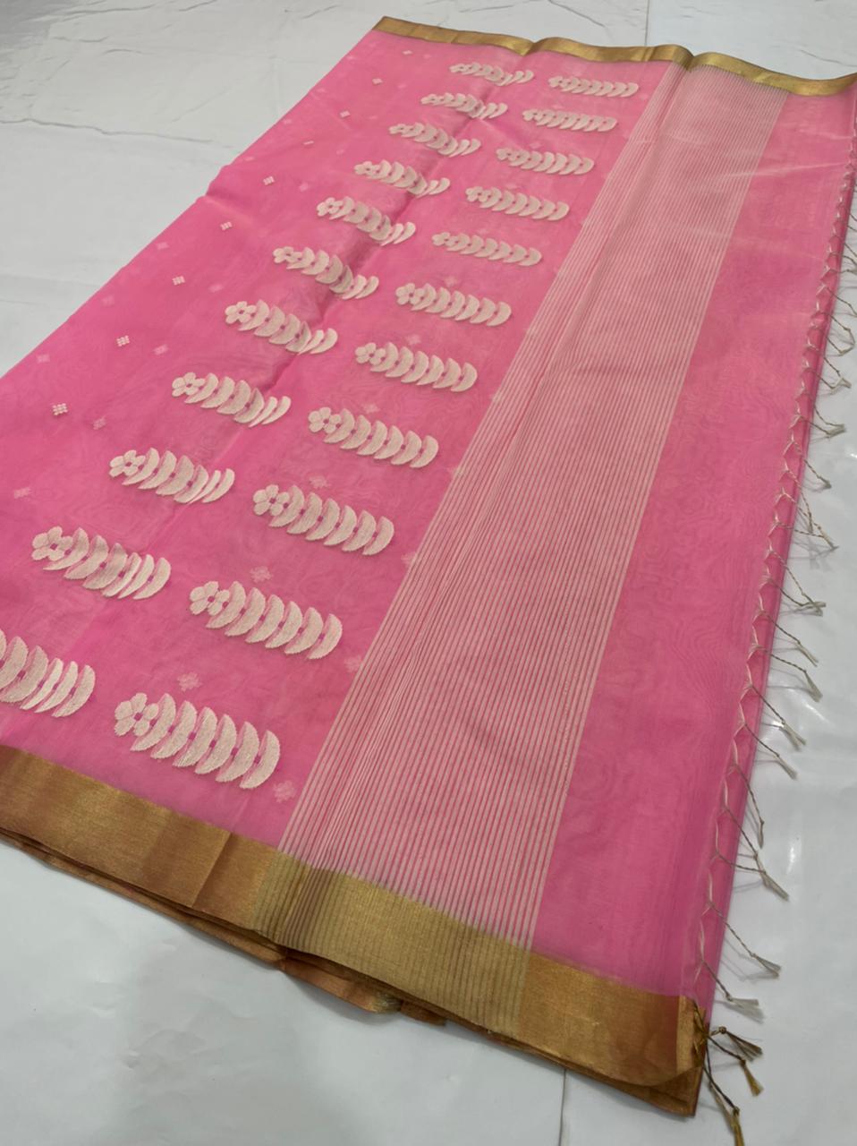Handwoven Blush Color Organza Chanderi Katan Silk Saree - Authentic Chanderi silk sarees Chanderi Saree - View 1
