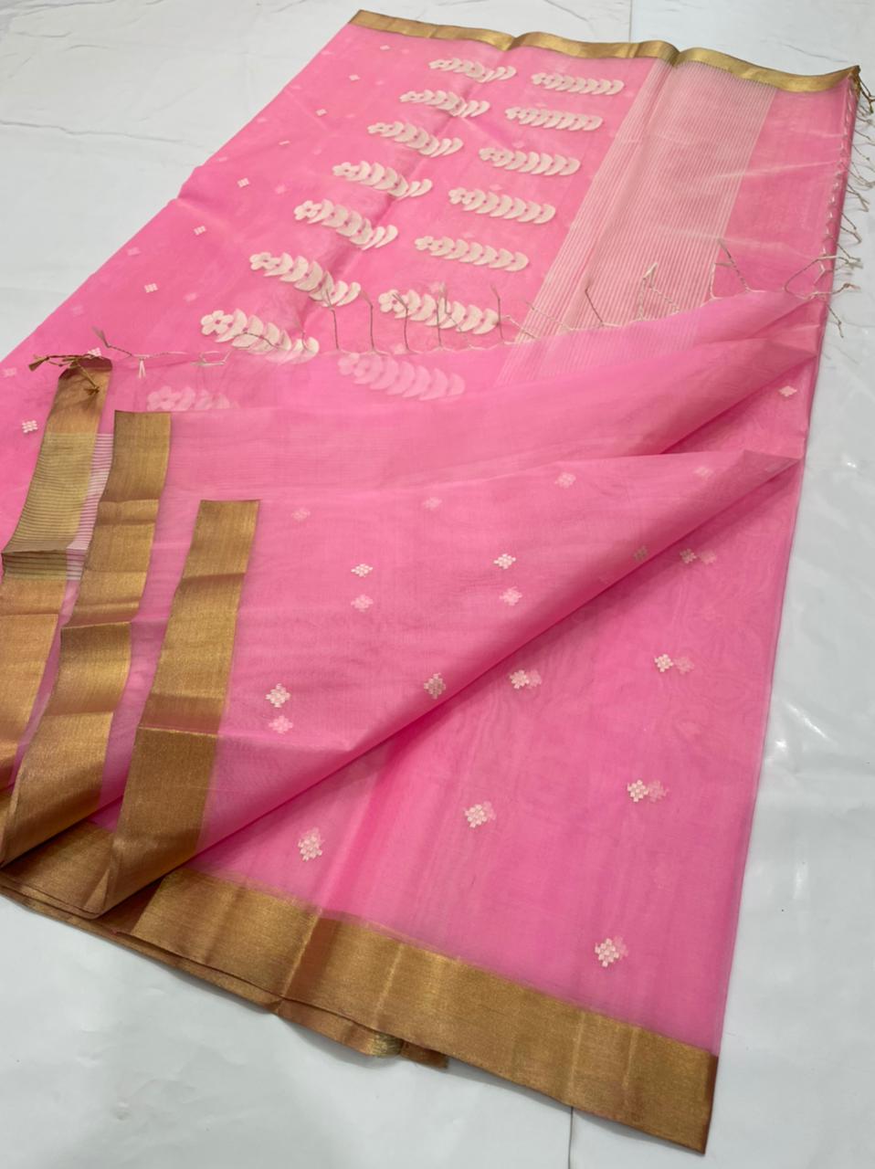 Handwoven Blush Color Organza Chanderi Katan Silk Saree - Authentic Chanderi silk sarees Chanderi Saree - View 3