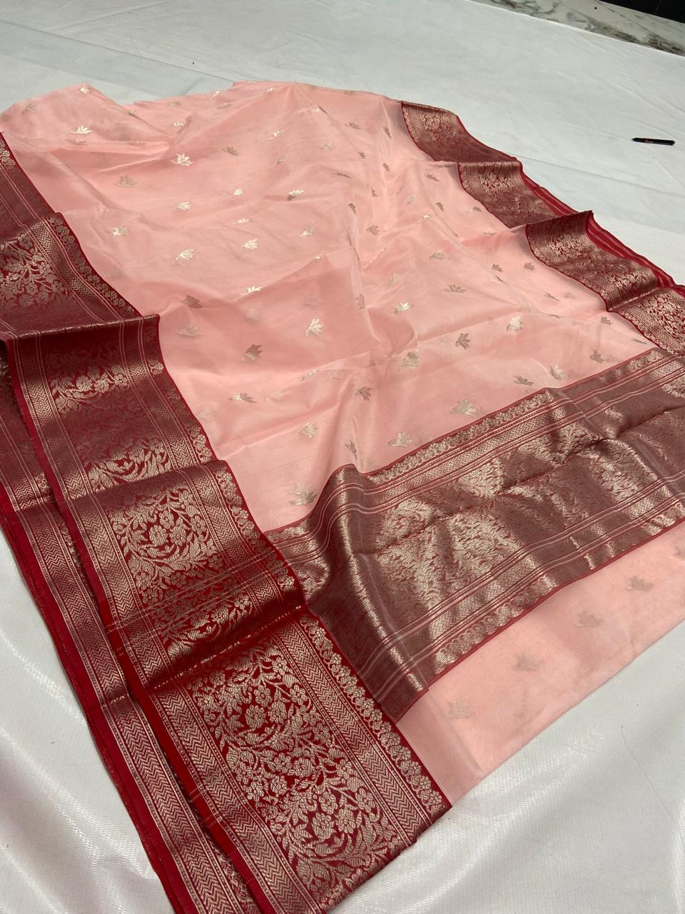 Handwoven Maroon Blush Pink with Maroon Zari Border Organza Chanderi Katan Silk Saree - Authentic Chanderi silk sarees Chanderi Saree - View 1