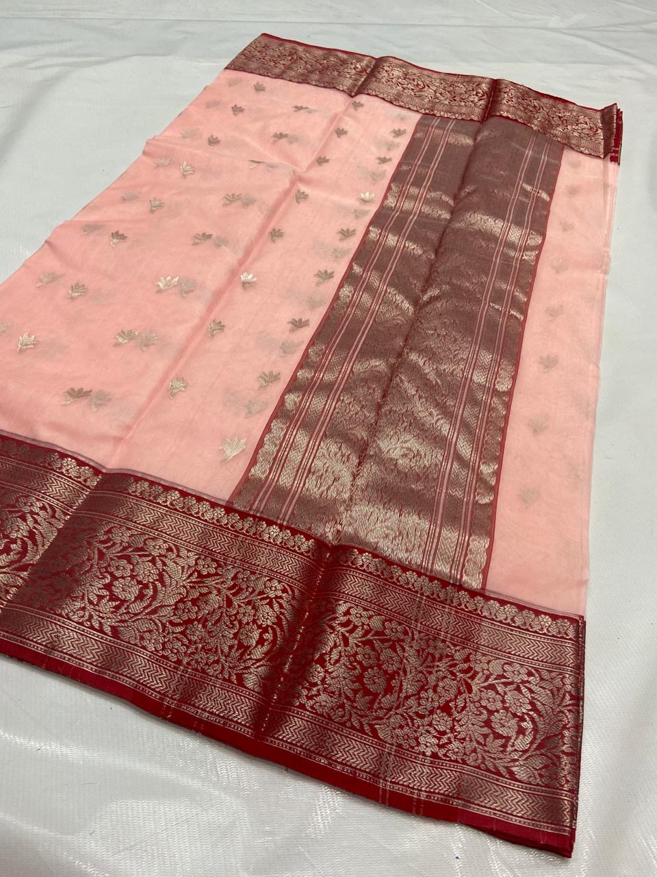 Handwoven Maroon Blush Pink with Maroon Zari Border Organza Chanderi Katan Silk Saree - Authentic Chanderi silk sarees Chanderi Saree - View 2