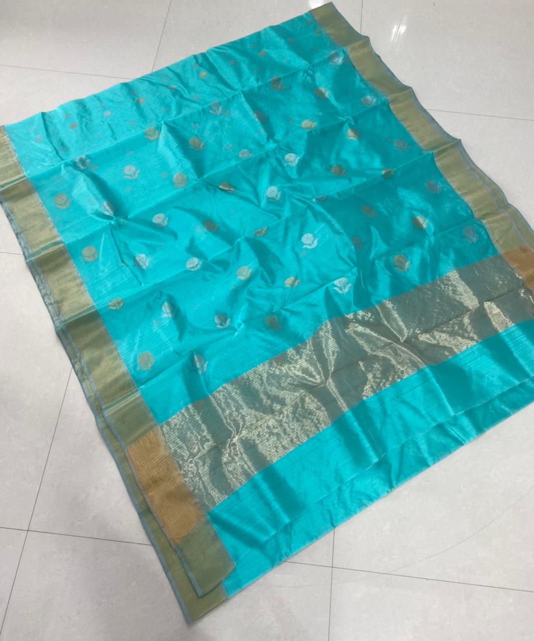 Handwoven Blue Bondi Blue Color Chanderi Pattu Silk Saree - Authentic Chanderi silk sarees Chanderi Saree - View 1