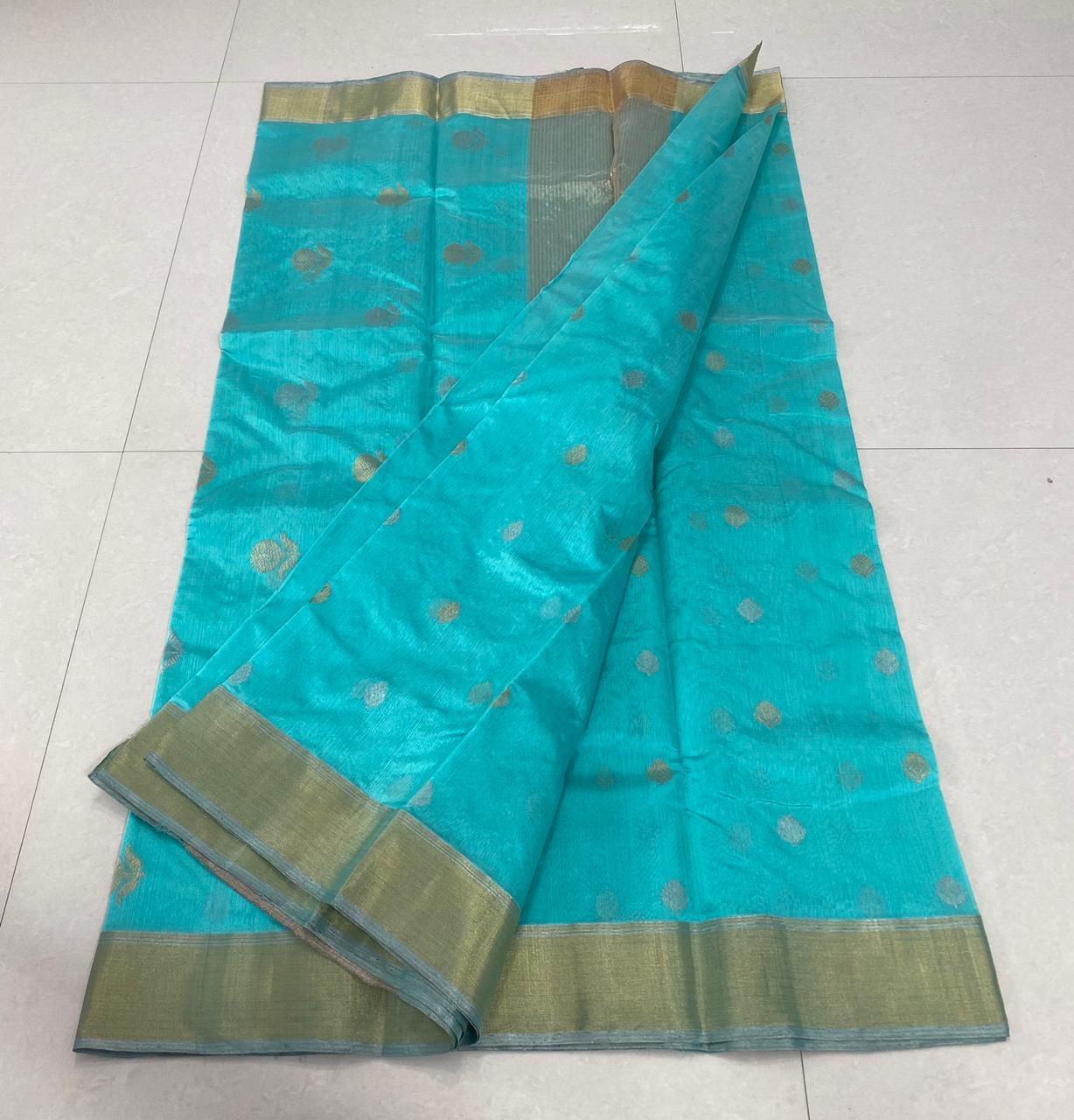 Handwoven Blue Bondi Blue Color Chanderi Pattu Silk Saree - Authentic Chanderi silk sarees Chanderi Saree - View 2