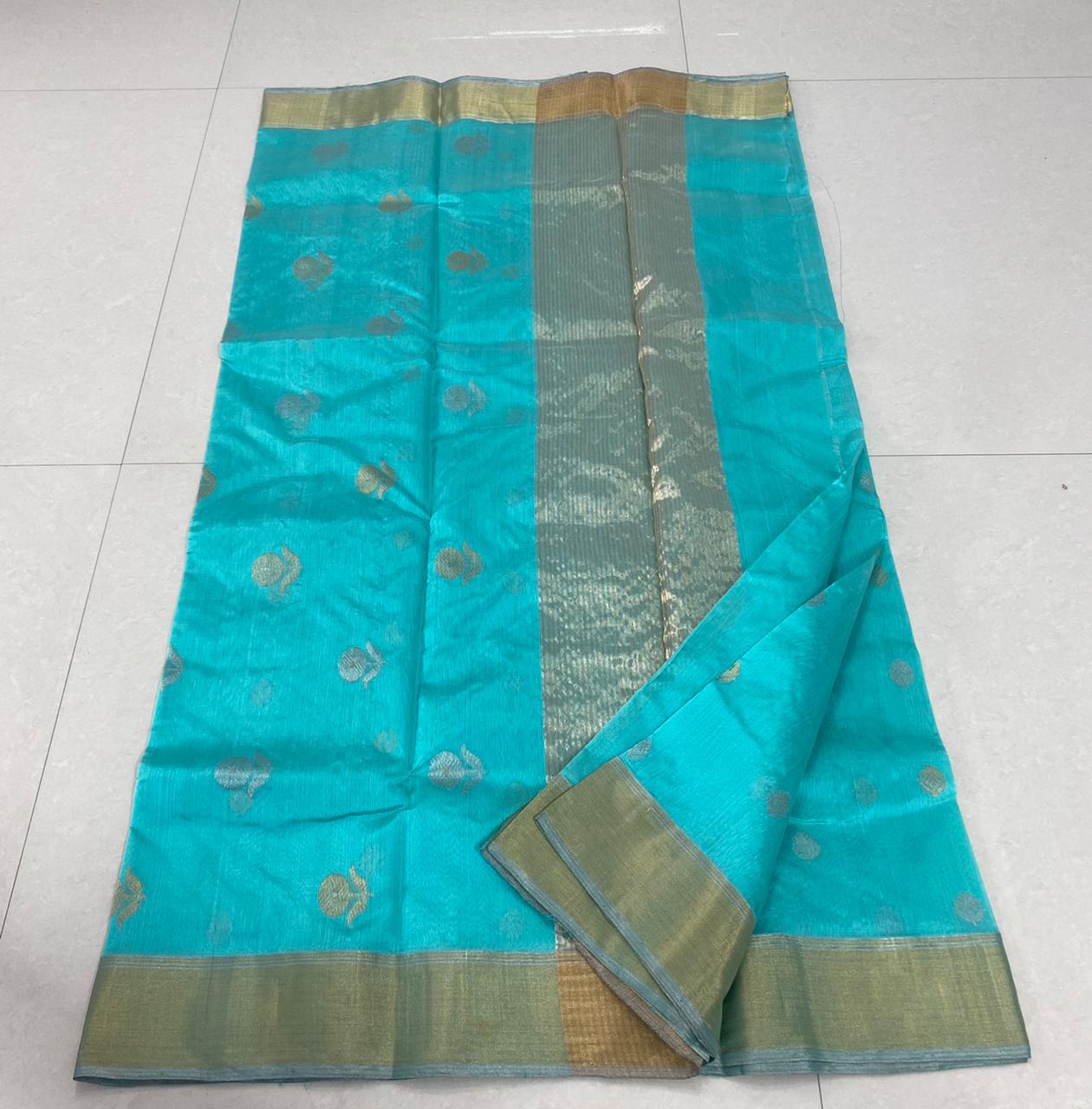 Handwoven Blue Bondi Blue Color Chanderi Pattu Silk Saree - Authentic Chanderi silk sarees Chanderi Saree - View 3