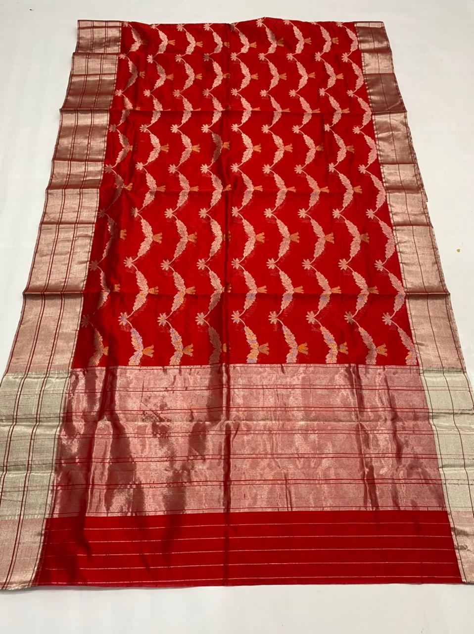 Handwoven Red Bright Red Color Chanderi Pattu Silk Saree - Authentic Chanderi silk sarees Chanderi Saree