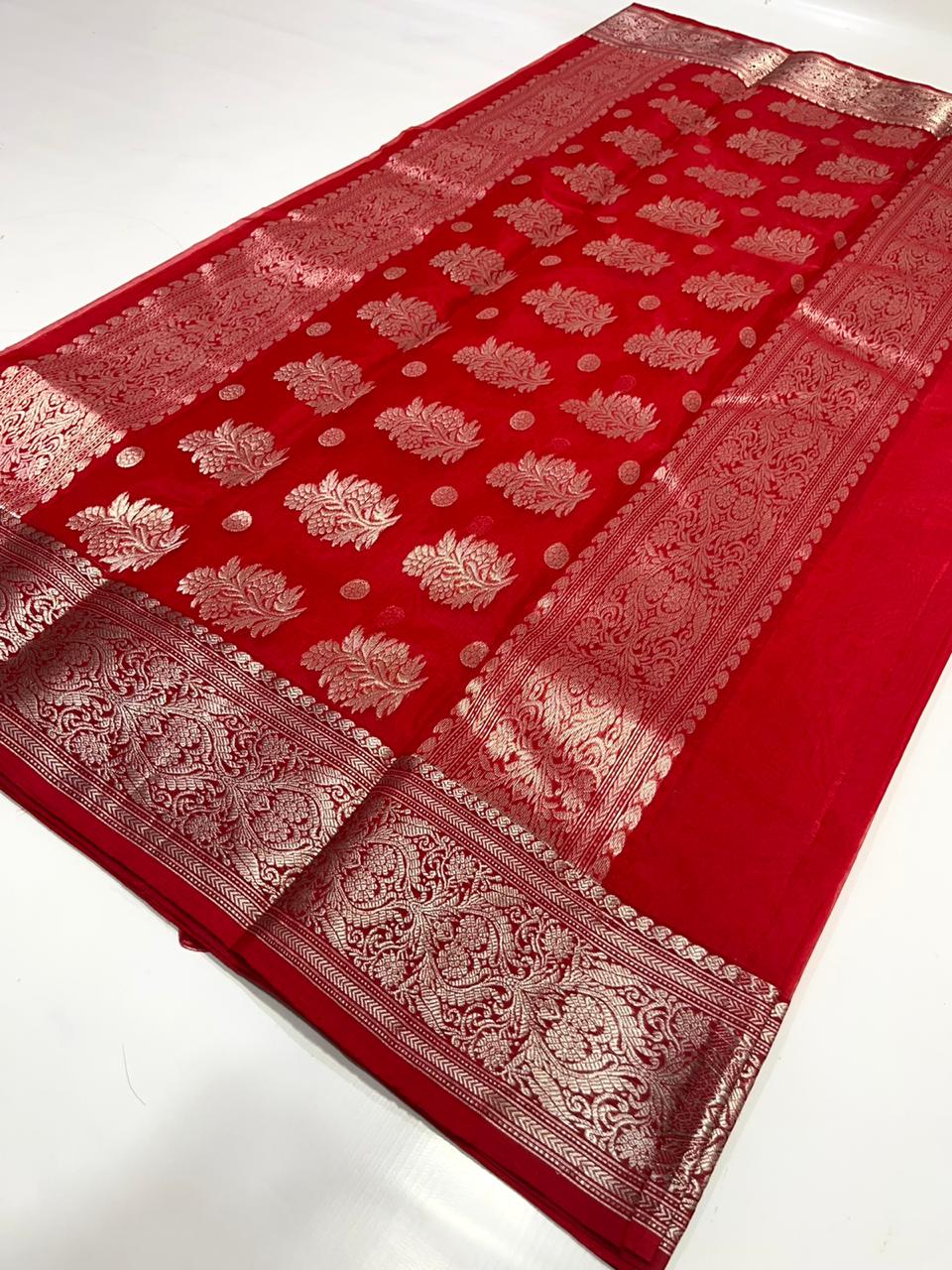 Handwoven Red Bright Red Color Organza Chanderi Katan Silk Saree - Authentic Chanderi silk sarees Chanderi Saree - View 1
