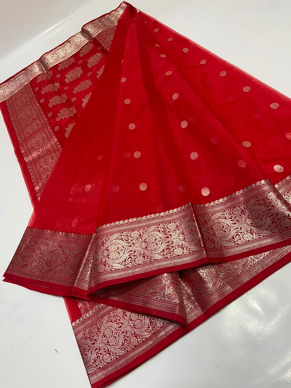 Handwoven Red Bright Red Color Organza Chanderi Katan Silk Saree - Authentic Chanderi silk sarees Chanderi Saree - View 2