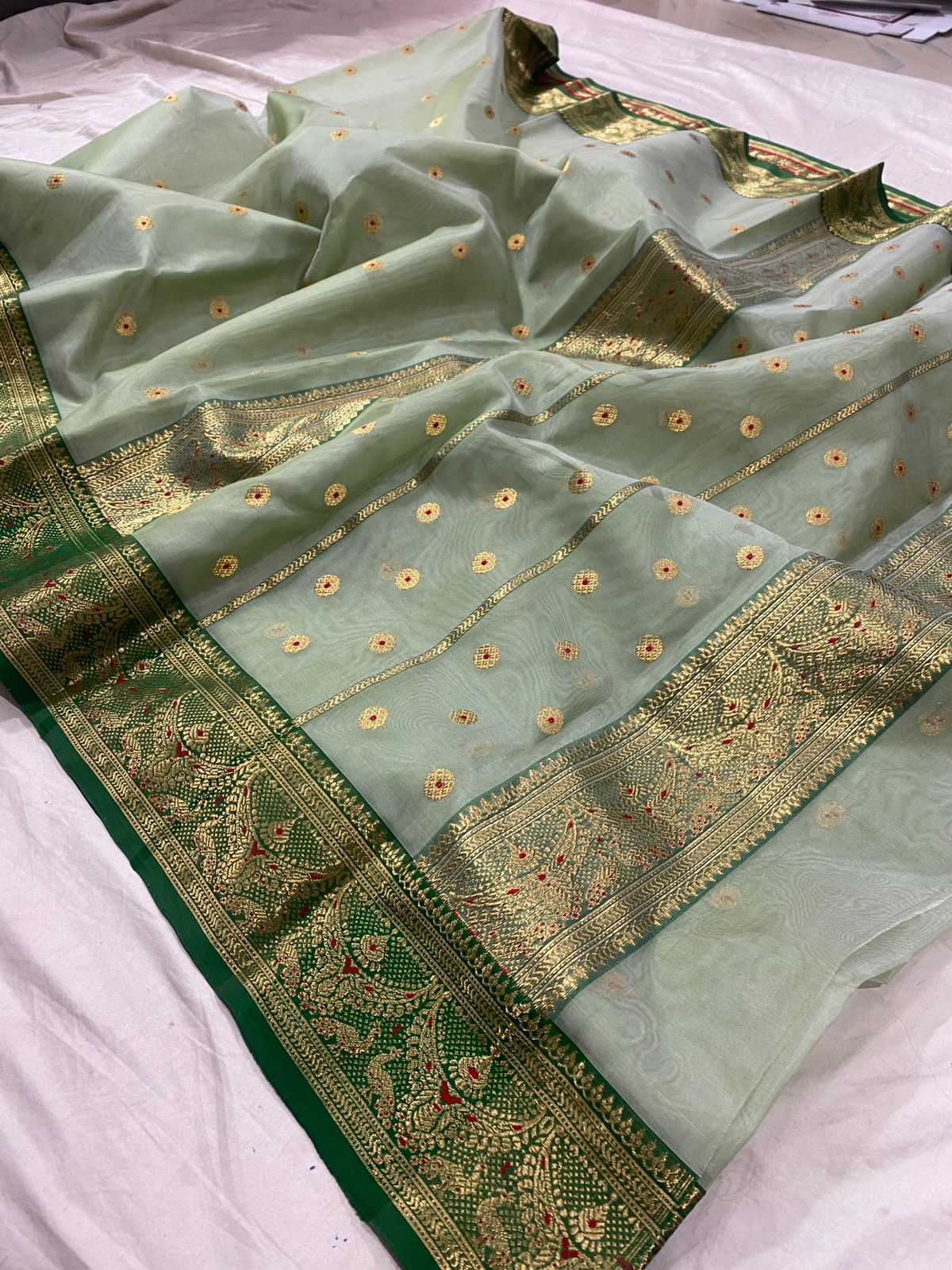 Handwoven Bud Color Organza Chanderi Katan Silk Saree - Authentic Chanderi silk sarees Chanderi Saree