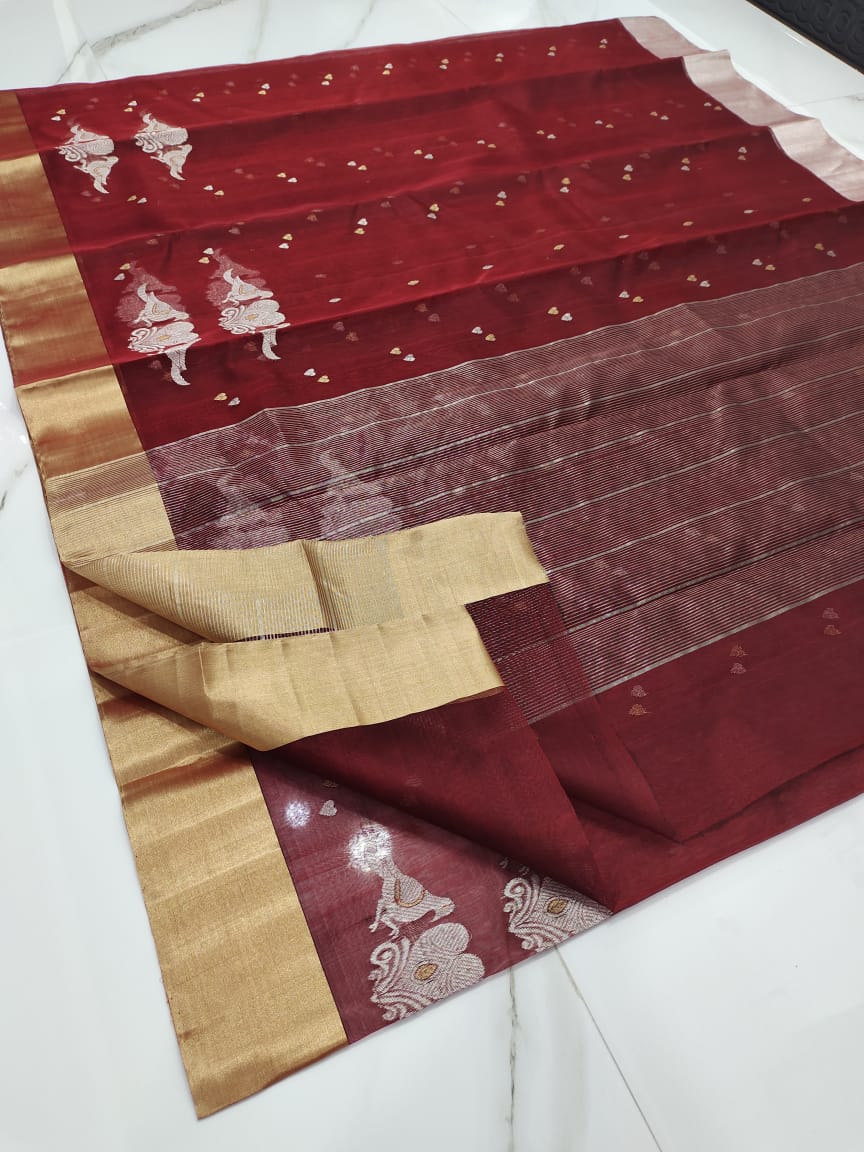 Handwoven Burnt Umber Color Organza Chanderi Katan Silk Saree - Authentic Chanderi silk sarees Chanderi Saree