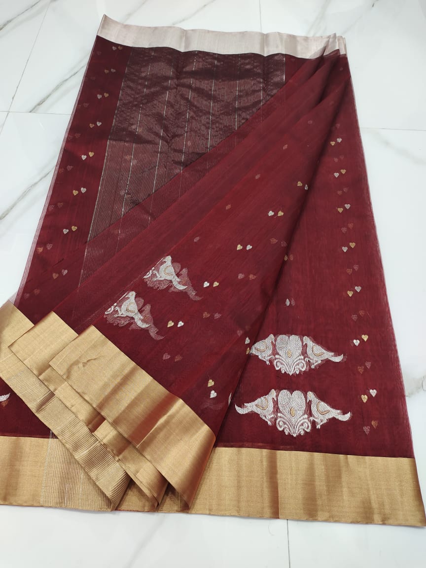 Handwoven Burnt Umber Color Organza Chanderi Katan Silk Saree - Authentic Chanderi silk sarees Chanderi Saree - View 2