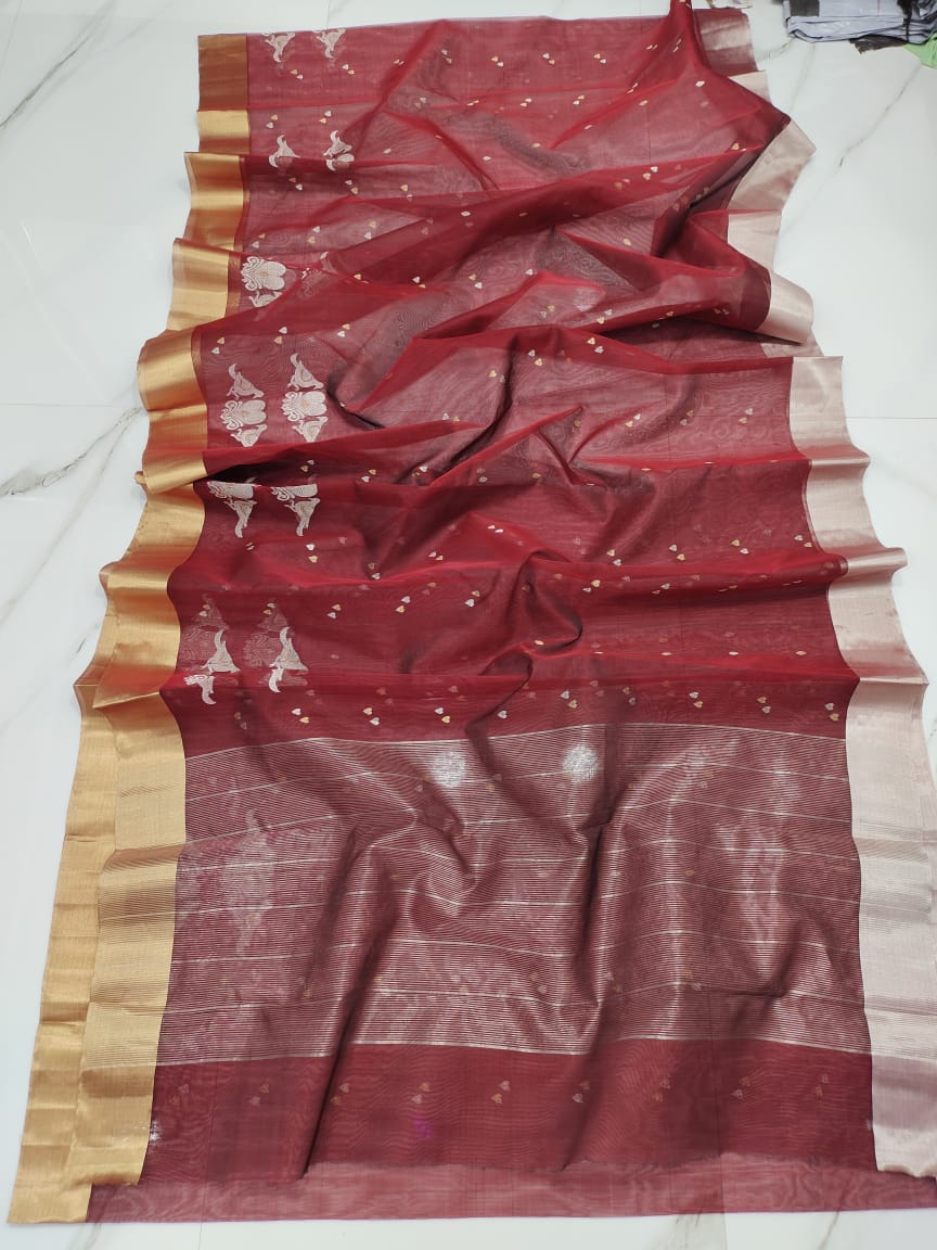 Handwoven Burnt Umber Color Organza Chanderi Katan Silk Saree - Authentic Chanderi silk sarees Chanderi Saree - View 3