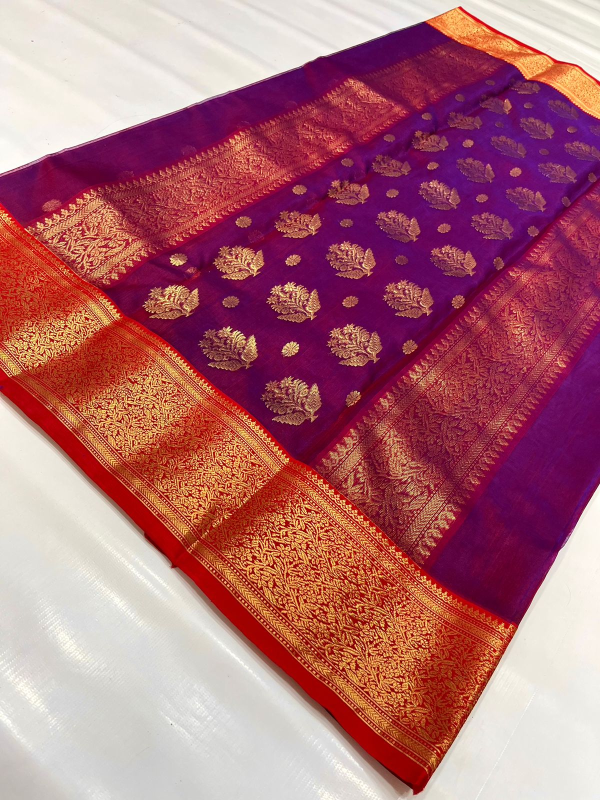 Handwoven Byzantium Color Organza Chanderi Katan Silk Saree - Authentic Chanderi silk sarees Chanderi Saree
