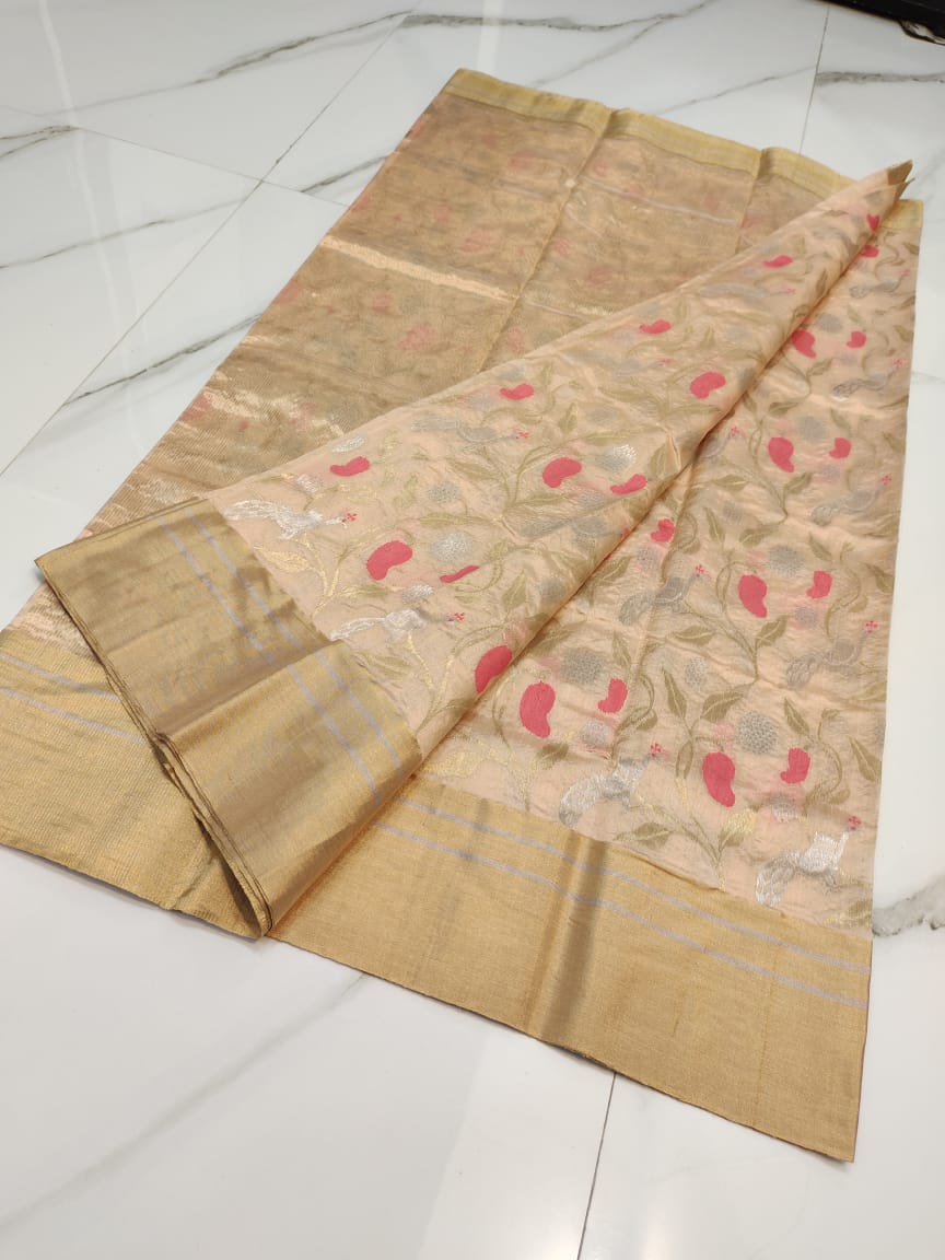 Handwoven Cameo Color Chanderi Pattu Silk Saree - Authentic Chanderi silk sarees Chanderi Saree - View 1