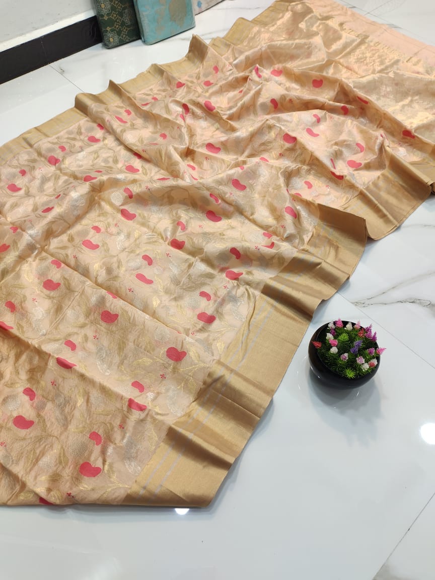 Handwoven Cameo Color Chanderi Pattu Silk Saree - Authentic Chanderi silk sarees Chanderi Saree - View 2