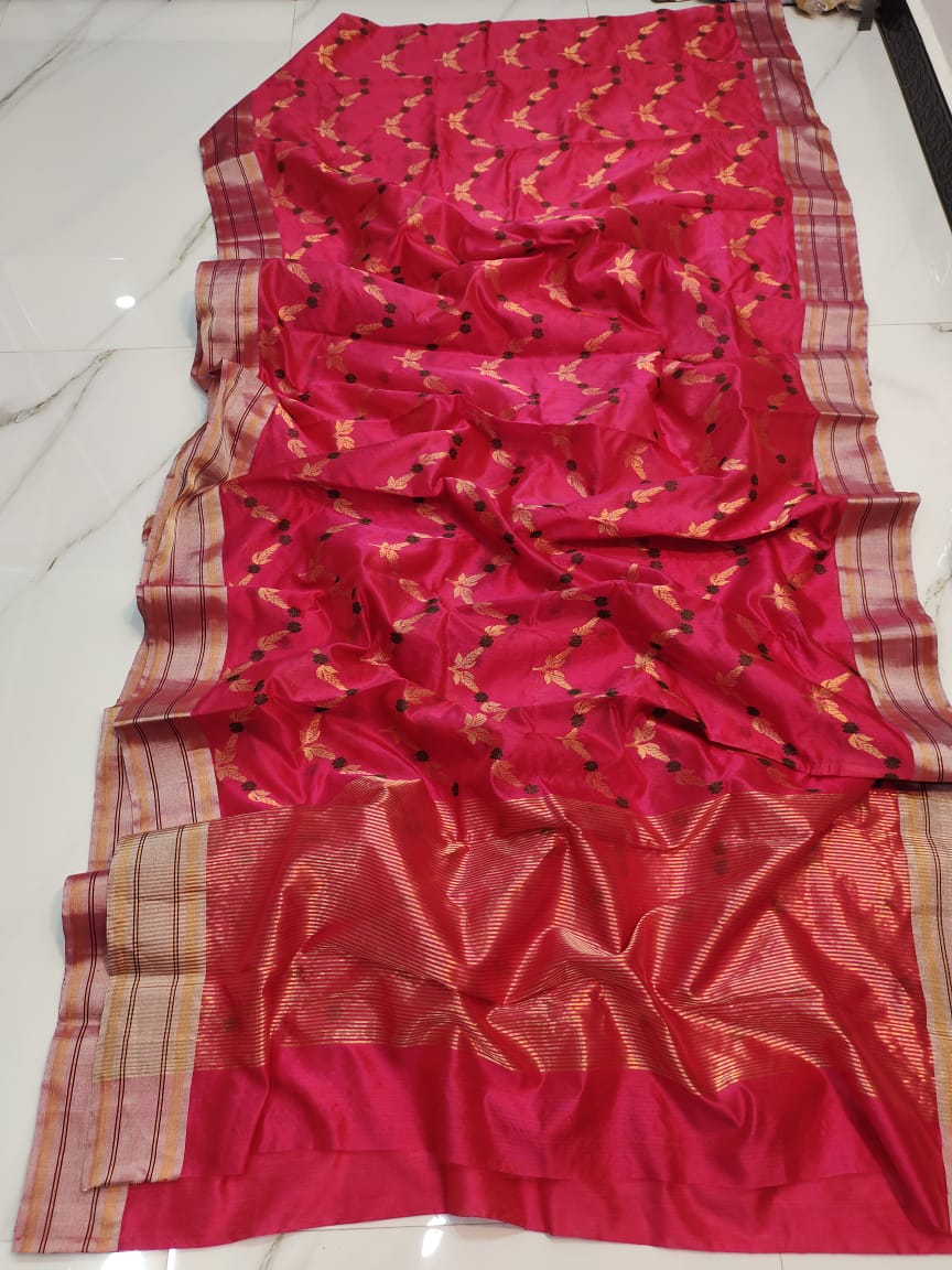 Handwoven Cardinal Color Chanderi Pattu Silk Saree - Authentic Chanderi silk sarees Chanderi Saree - View 1