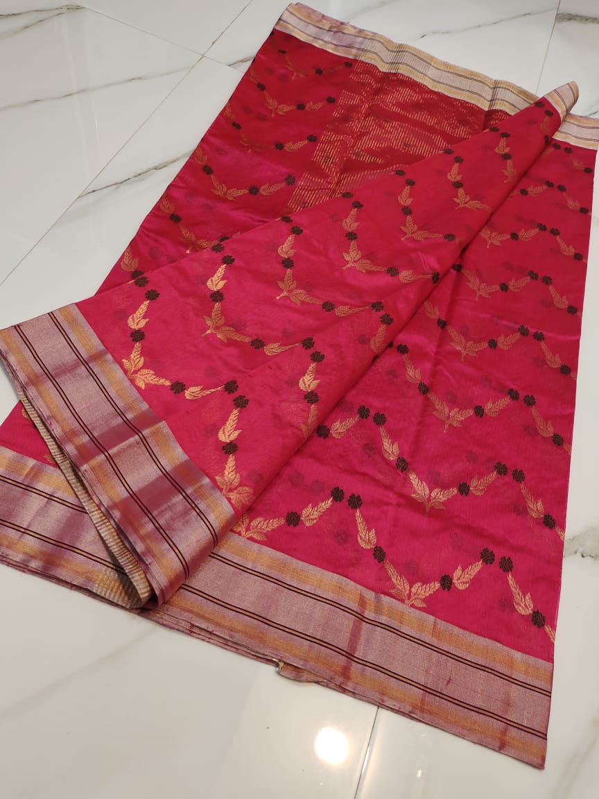 Handwoven Cardinal Color Chanderi Pattu Silk Saree - Authentic Chanderi silk sarees Chanderi Saree - View 3