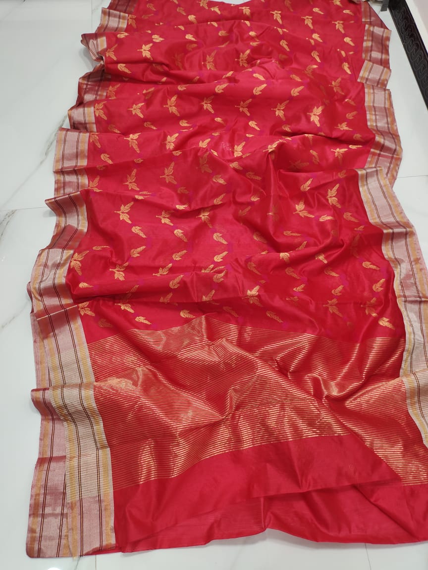 Handwoven Cardinal Color Chanderi Pattu Silk Saree - Authentic Chanderi silk sarees Chanderi Saree - View 1