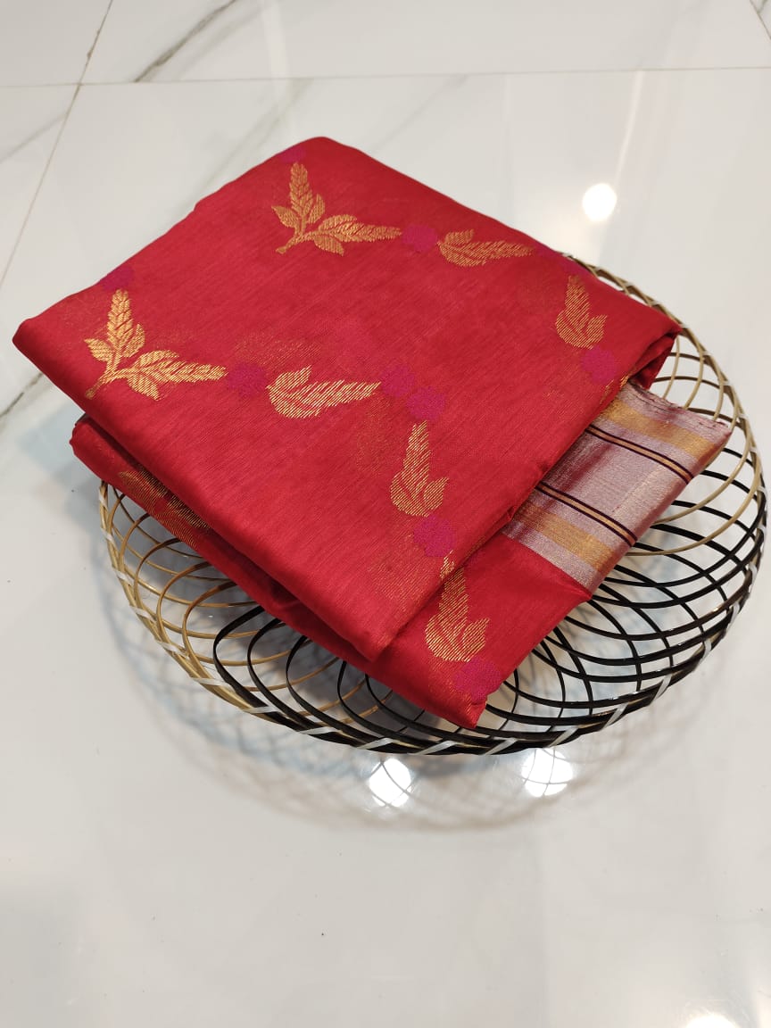 Handwoven Cardinal Color Chanderi Pattu Silk Saree - Authentic Chanderi silk sarees Chanderi Saree - View 3