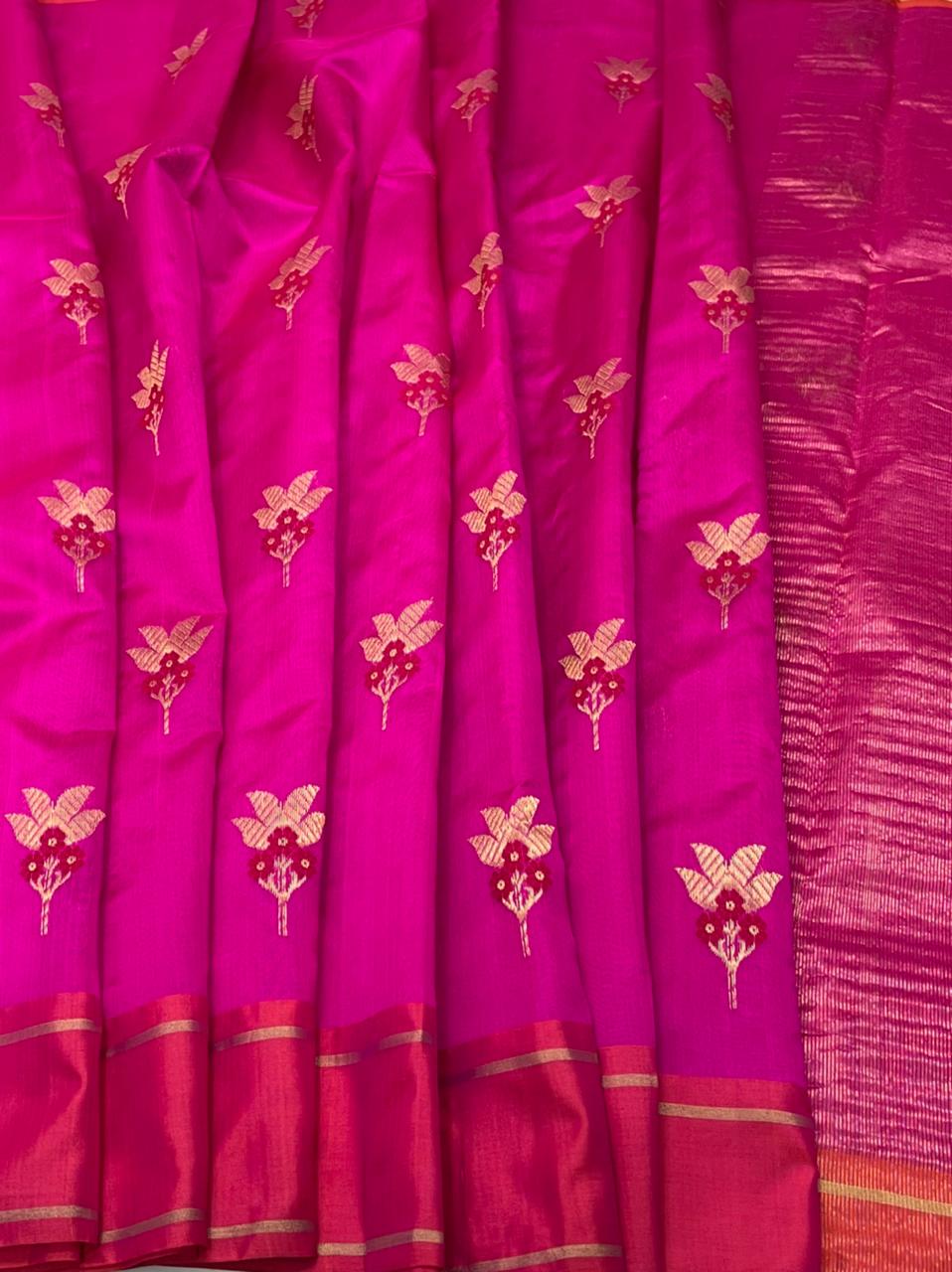 Handwoven Pink Cardinal pink Color Chanderi Pattu Silk Saree - Authentic Chanderi silk sarees Chanderi Saree