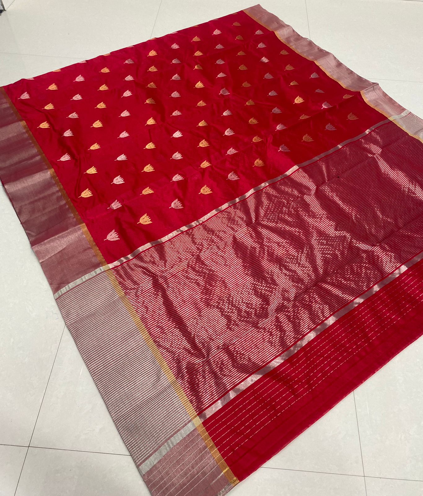 Handwoven Carmine Color Chanderi Pattu Silk Saree - Authentic Chanderi silk sarees Chanderi Saree
