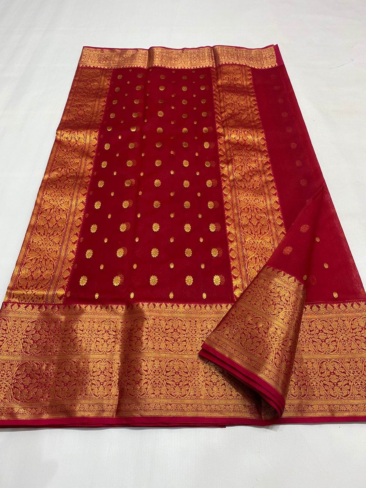 Handwoven Carmine Color Organza Chanderi Katan Silk Saree - Authentic Chanderi silk sarees Chanderi Saree - View 2