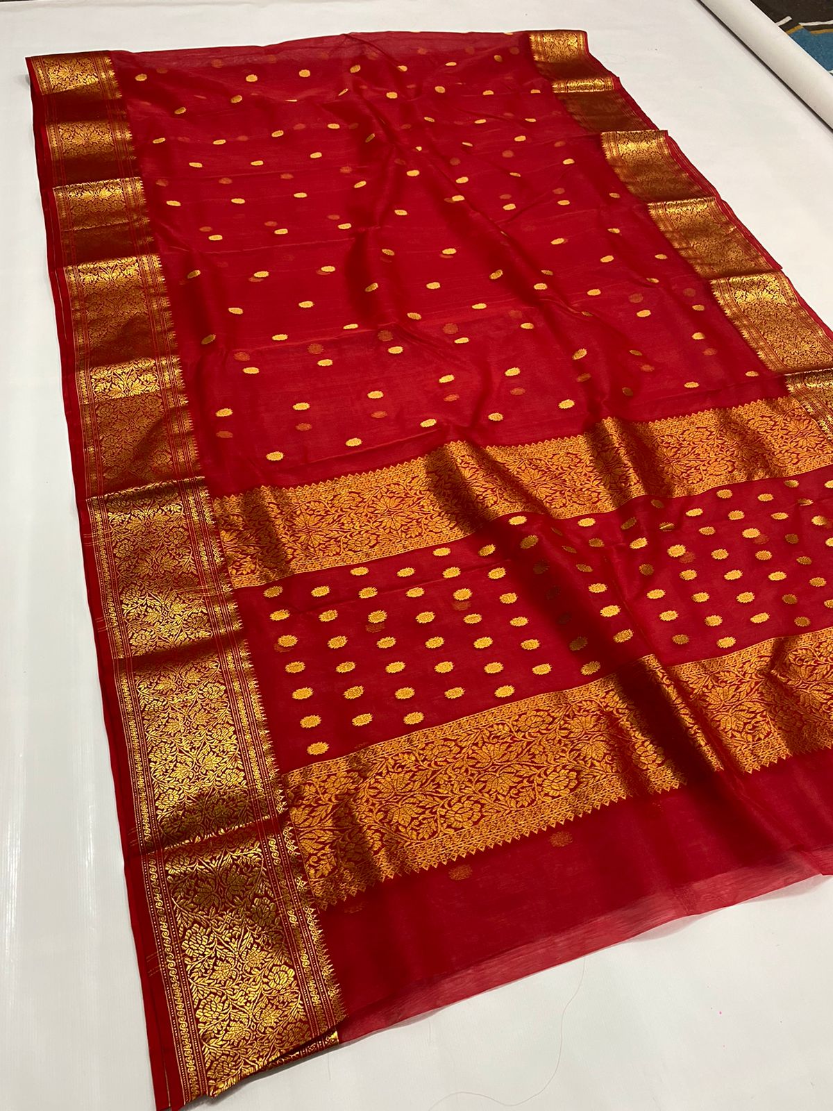 Handwoven Carmine Color Organza Chanderi Katan Silk Saree - Authentic Chanderi silk sarees Chanderi Saree