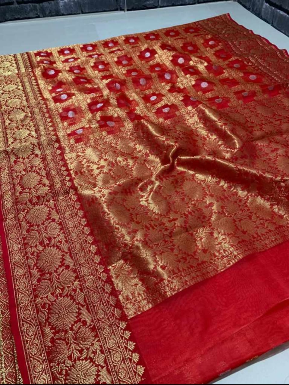 Handwoven Carmine Color Organza Chanderi Katan Silk Saree - Authentic Chanderi silk sarees Chanderi Saree - View 1