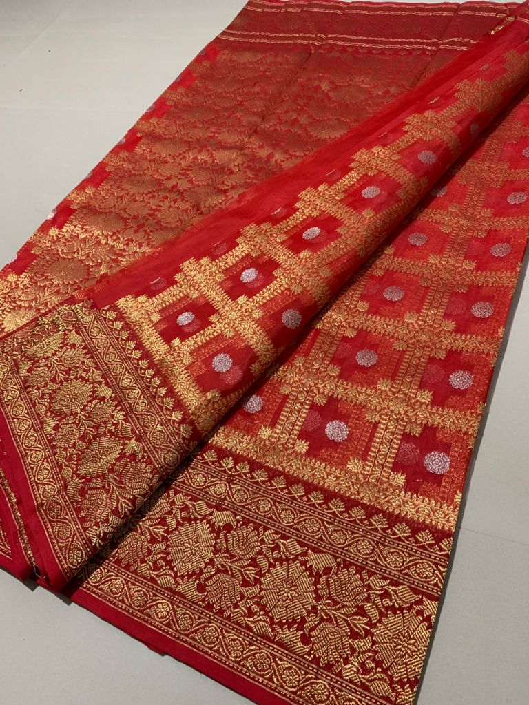 Handwoven Carmine Color Organza Chanderi Katan Silk Saree - Authentic Chanderi silk sarees Chanderi Saree - View 2